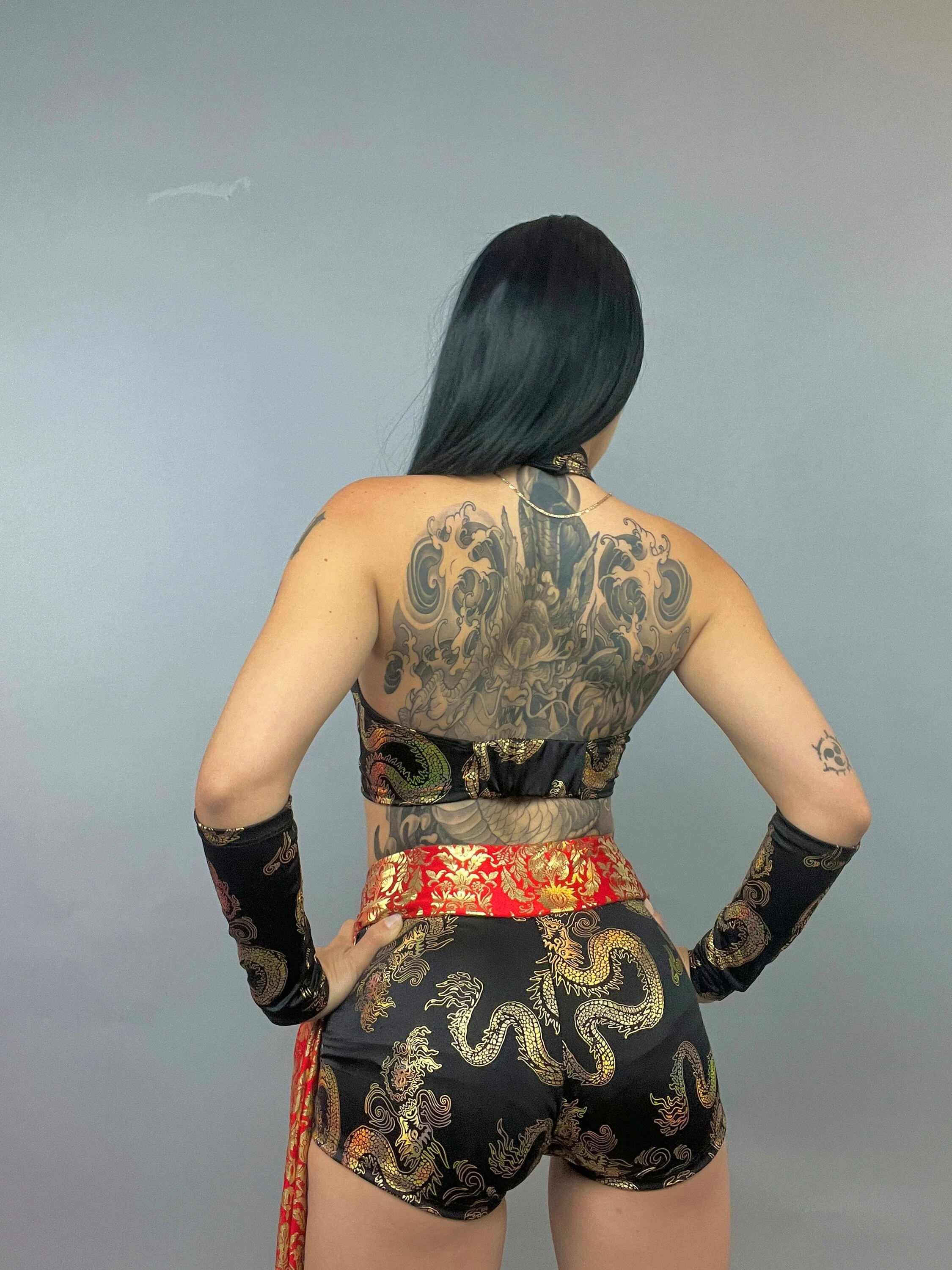 Chinese Dragon Print Set, Black and Gold Spandex Shorts, Halter Crop Top, 4 Way Stretch Fabric, Performance Wear with Arm Sleeves - Image 3