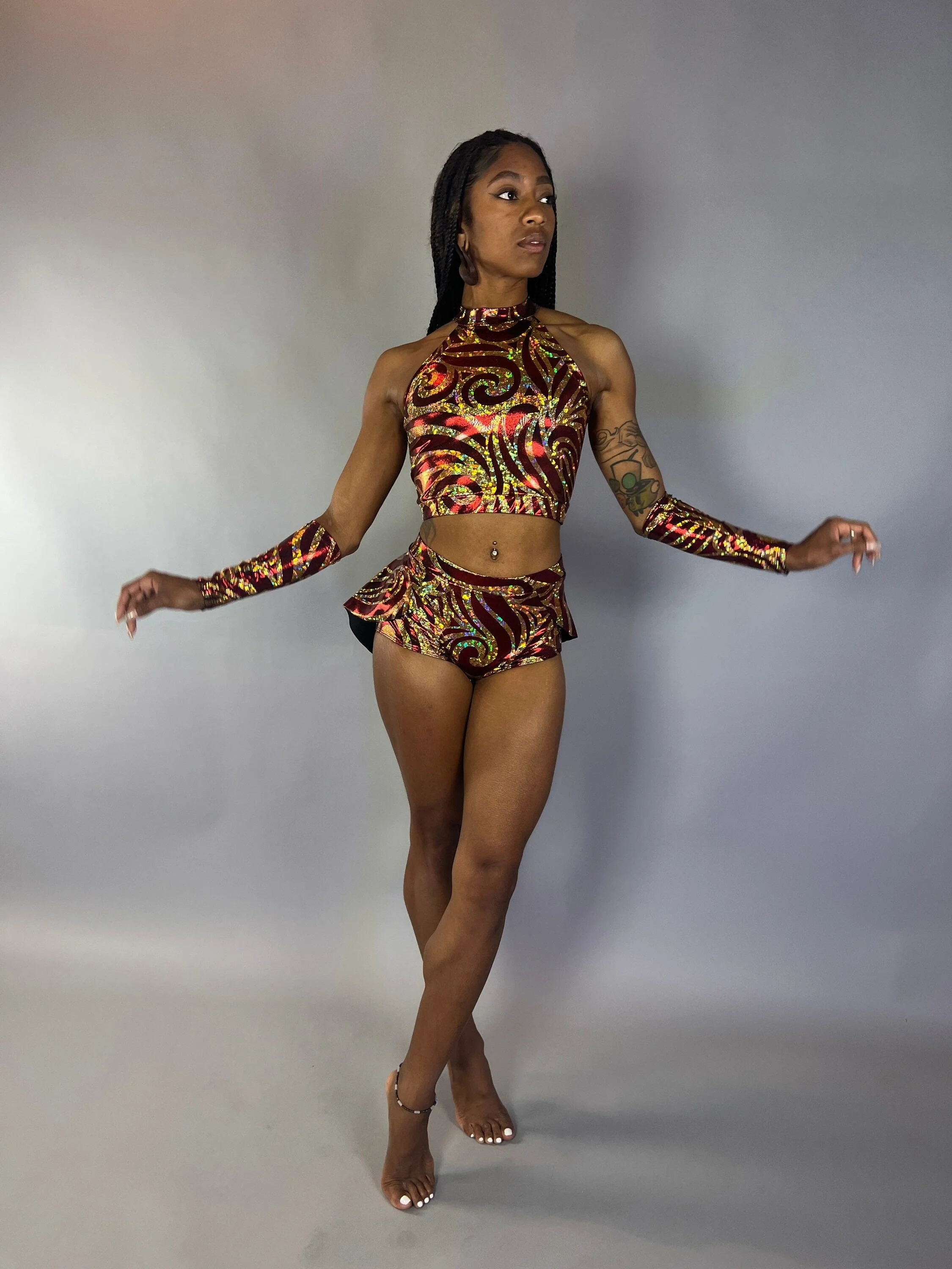 Sheeny Red and Gold Crop Top and Bottom Set, Halterneck Top, Shorts with Half-Skirt, Hand Accessories - Image 3