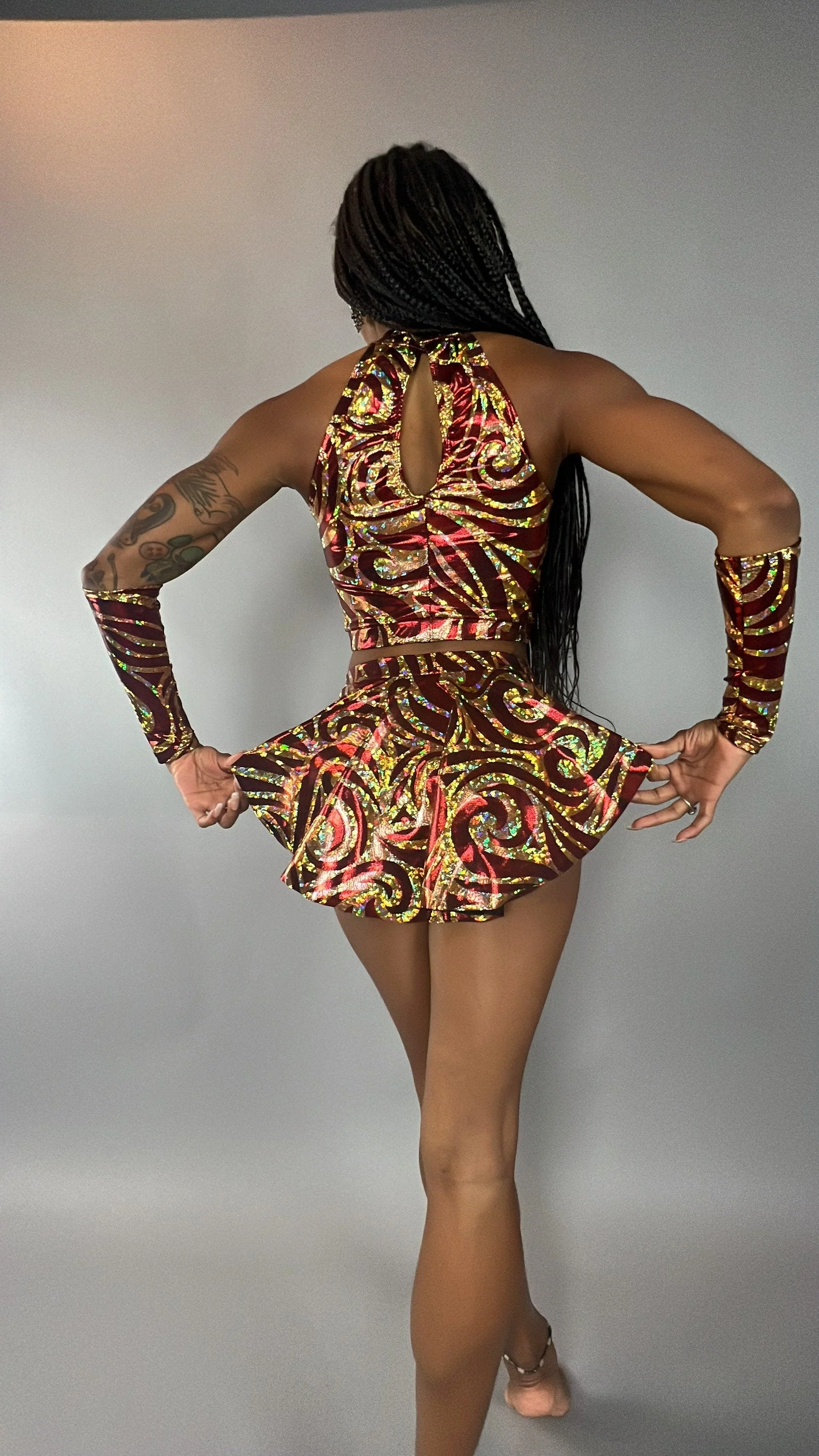 Sheeny Red and Gold Crop Top and Bottom Set, Halterneck Top, Shorts with Half-Skirt, Hand Accessories - Image 6