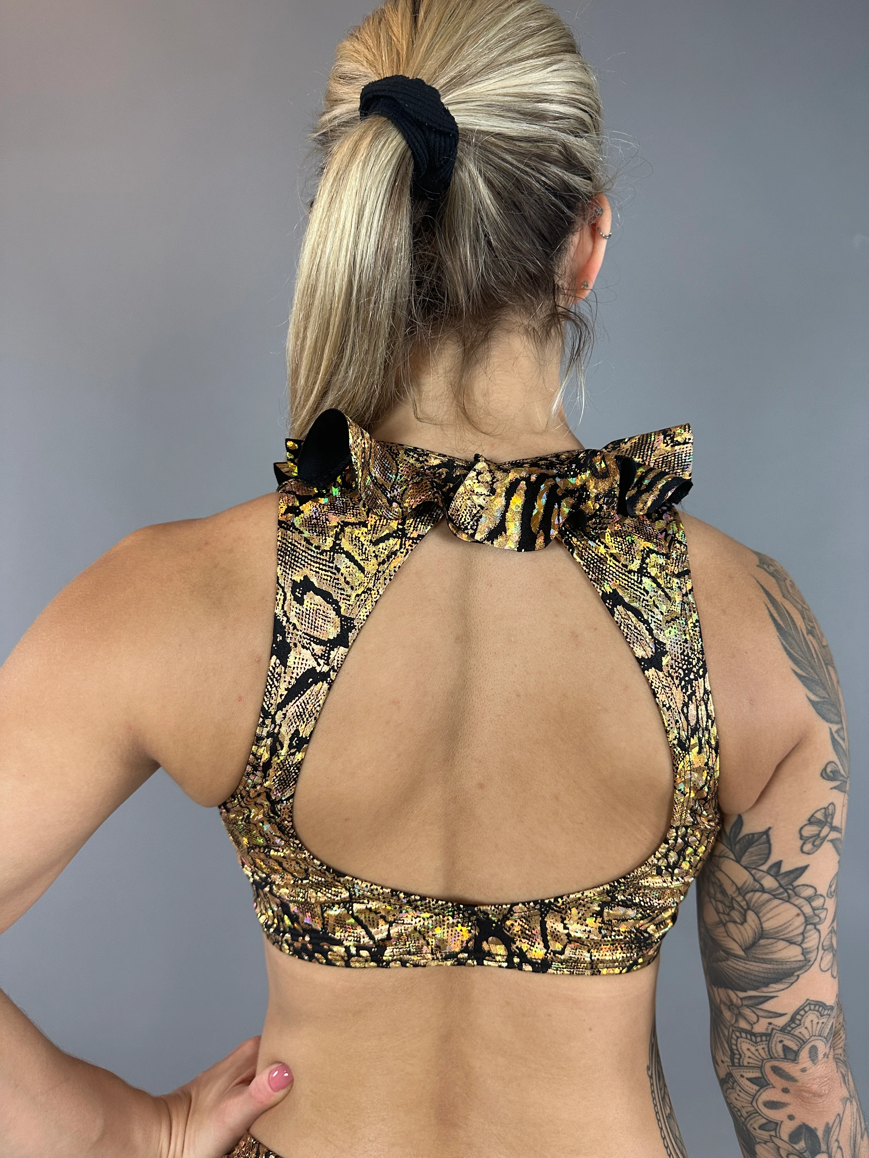 Gold & Black Snakeskin Crop Top & Bottom Set, Open Back, Cheeky Bottoms - Image 6