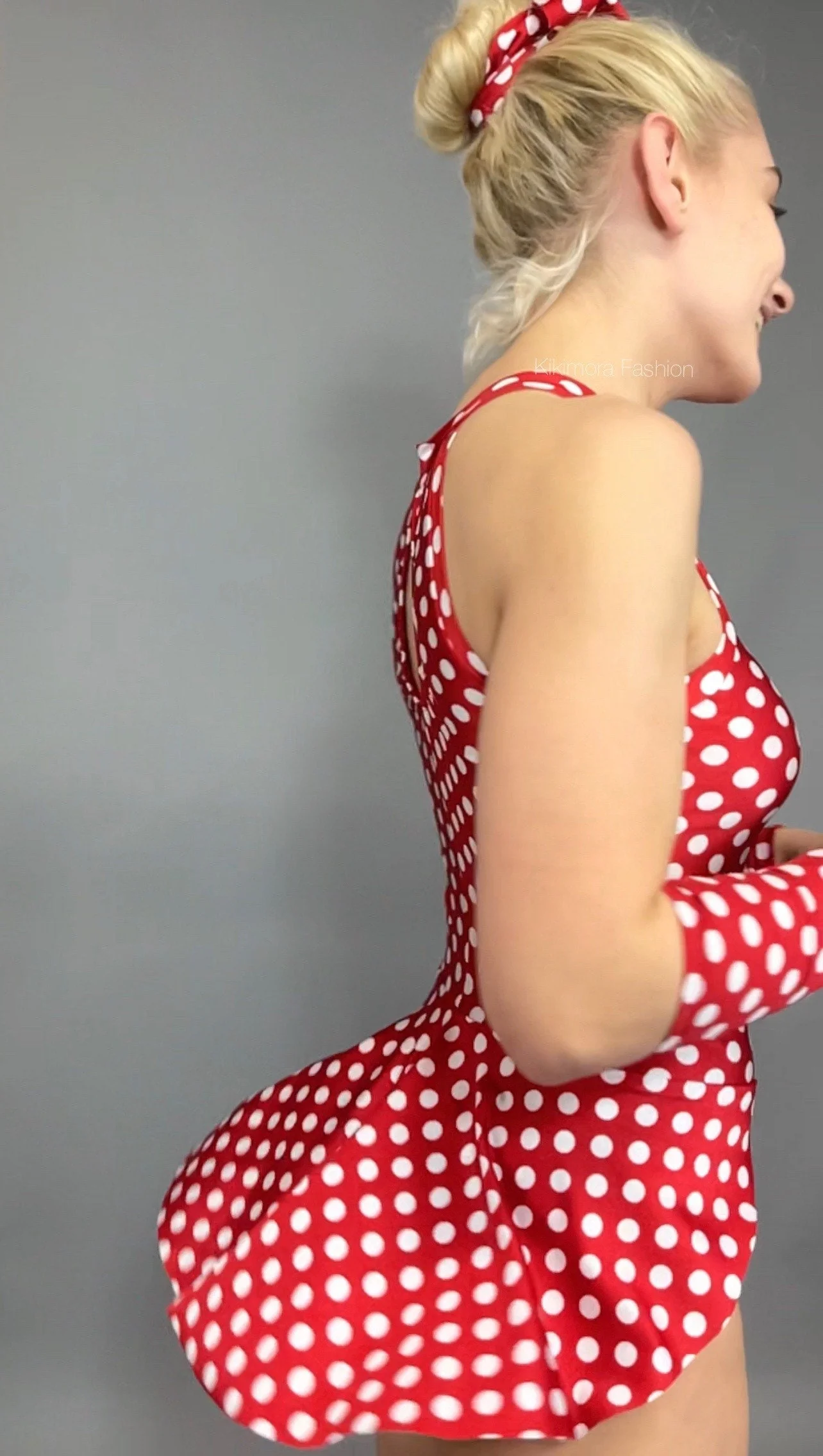 Red Polka Dot Burlesque Bodysuit, Skirted Leotard, Showgirl Costume, Pole Dance Wear, Halter Neck Unitard, Retro Pinup Outfit - Image 3