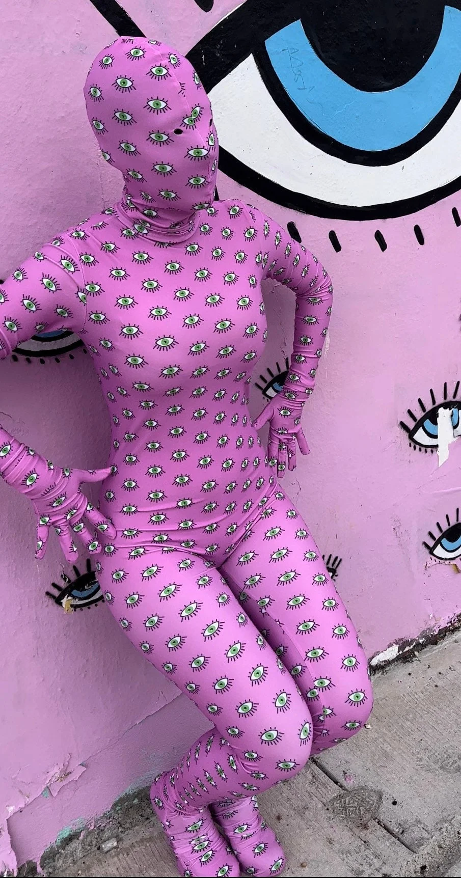 Pink Eye Print Spandex Catsuit, Full Body Zentai Suit, Futuristic Rave Outfit, Festival Fashion, Exotic Dancewear