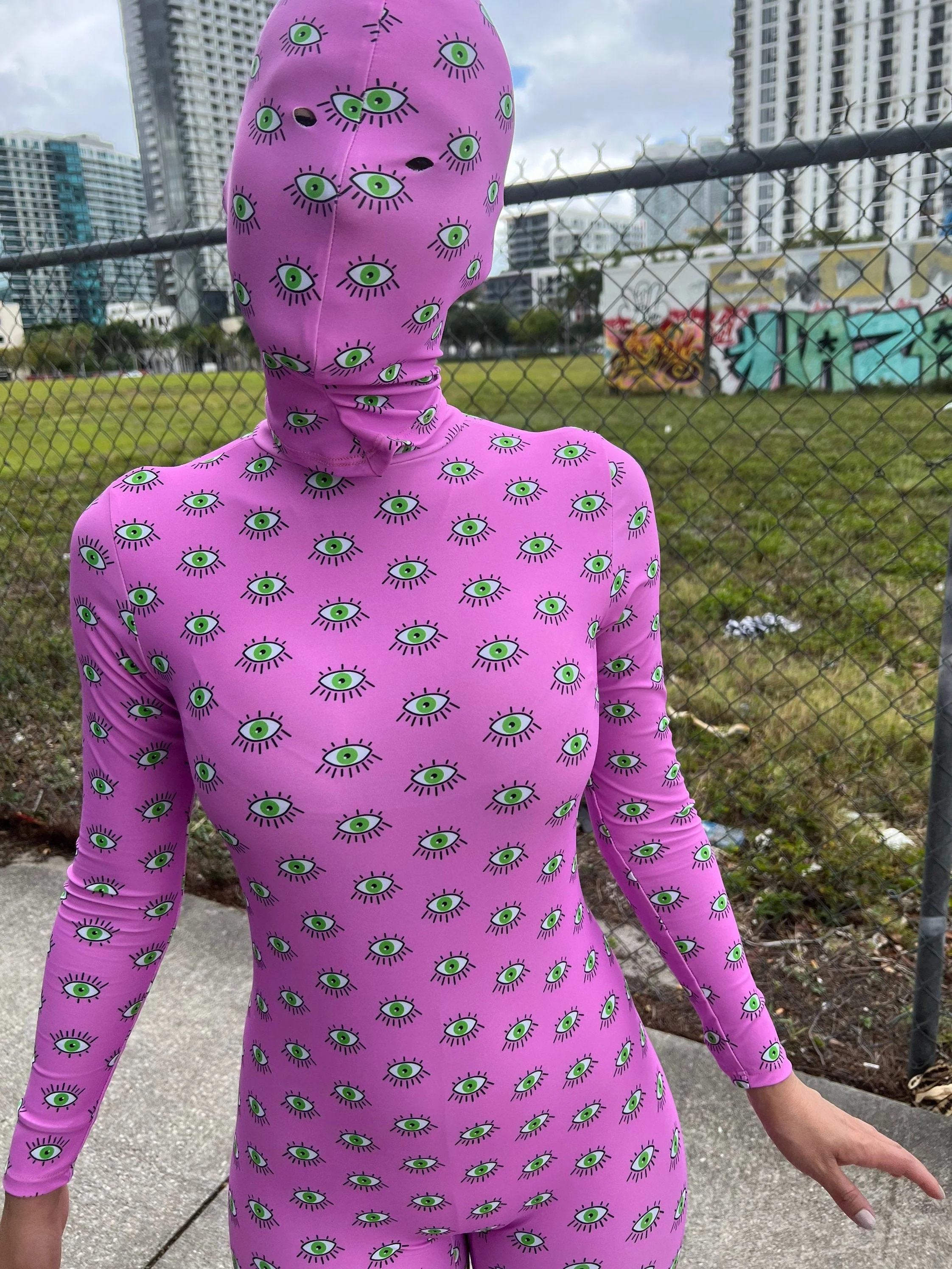 Pink Eye Print Spandex Catsuit, Full Body Zentai Suit, Futuristic Rave Outfit, Festival Fashion, Exotic Dancewear - Image 2