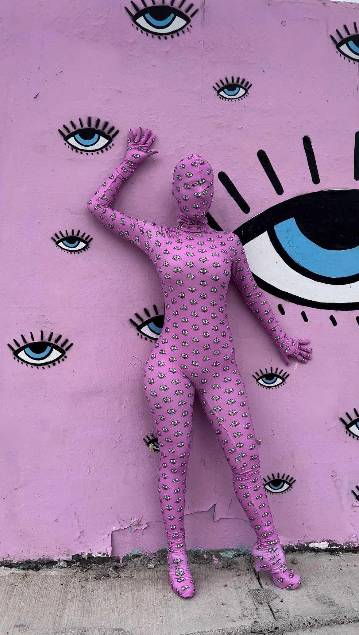 Pink Eye Print Spandex Catsuit, Full Body Zentai Suit, Futuristic Rave Outfit, Festival Fashion, Exotic Dancewear - Image 7