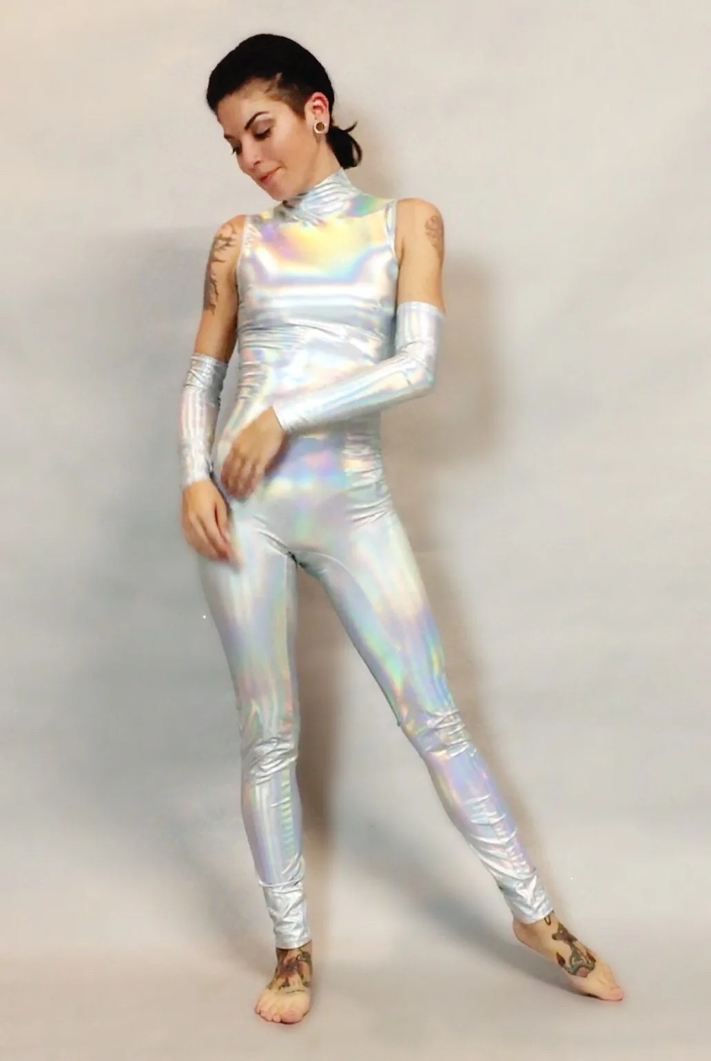 Exotic Dance Wear, Unicorn Costume, Spandex Jumpsuit, Gymnastic Bodysuit, Silver Holographic Catsuit, Trending Now, Rave Outfit - Image 2