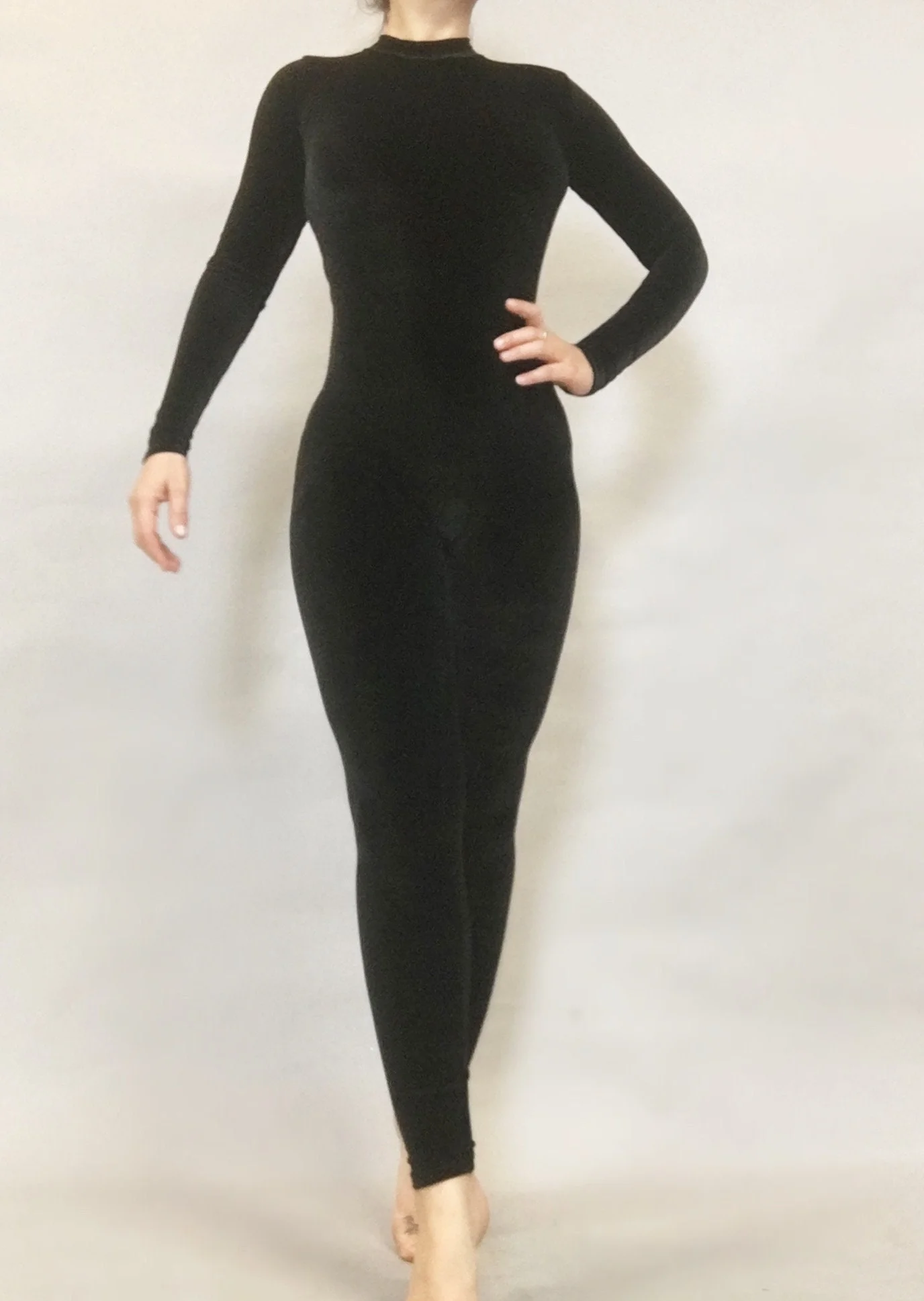 Black Cat Velvet Catsuit, Open Back, Full Sleeves, Scoop Neck - Image 4