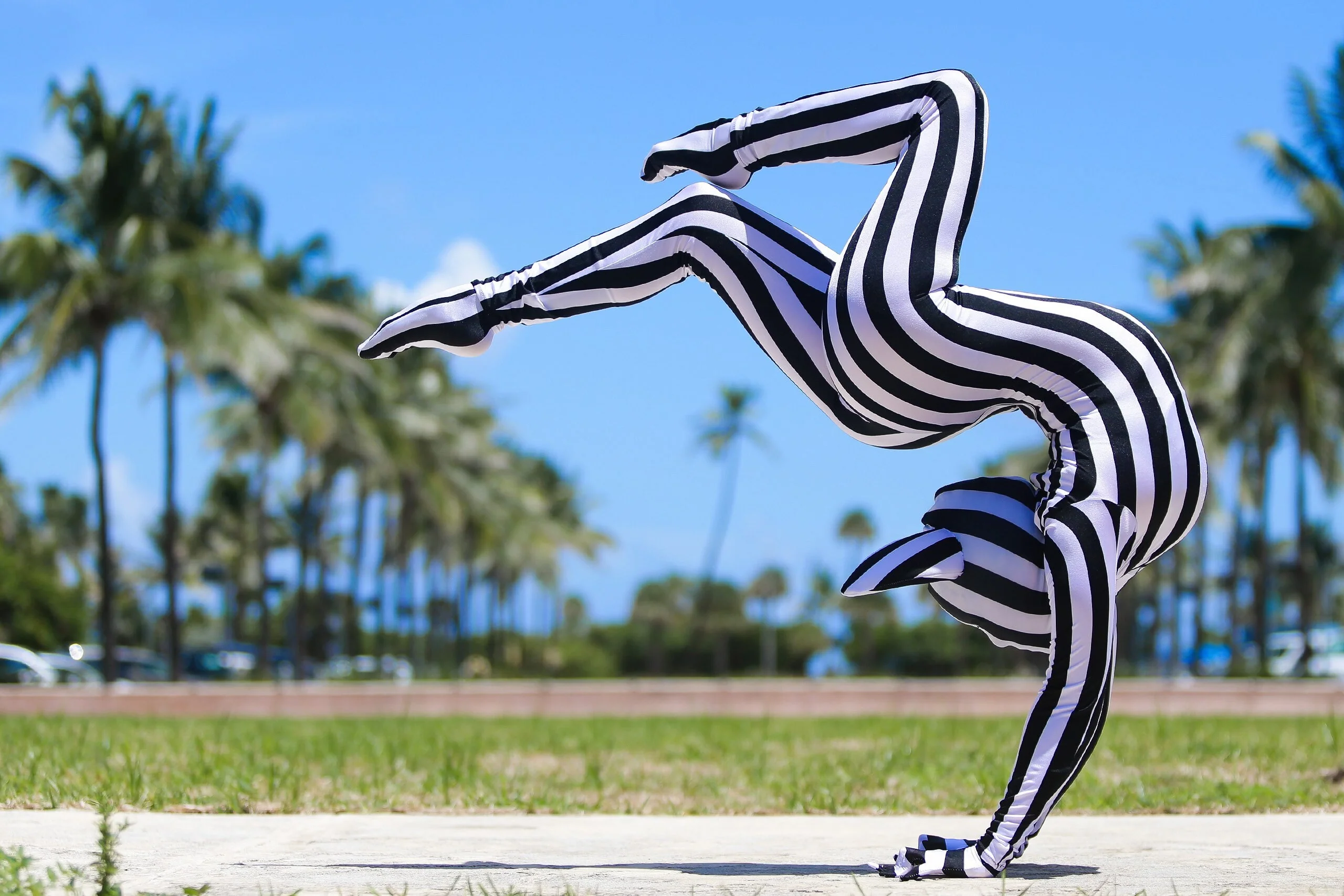 Black & White Striped Catsuit Costume, Headpiece With Cat Ears, Gloves, Socks - Image 4