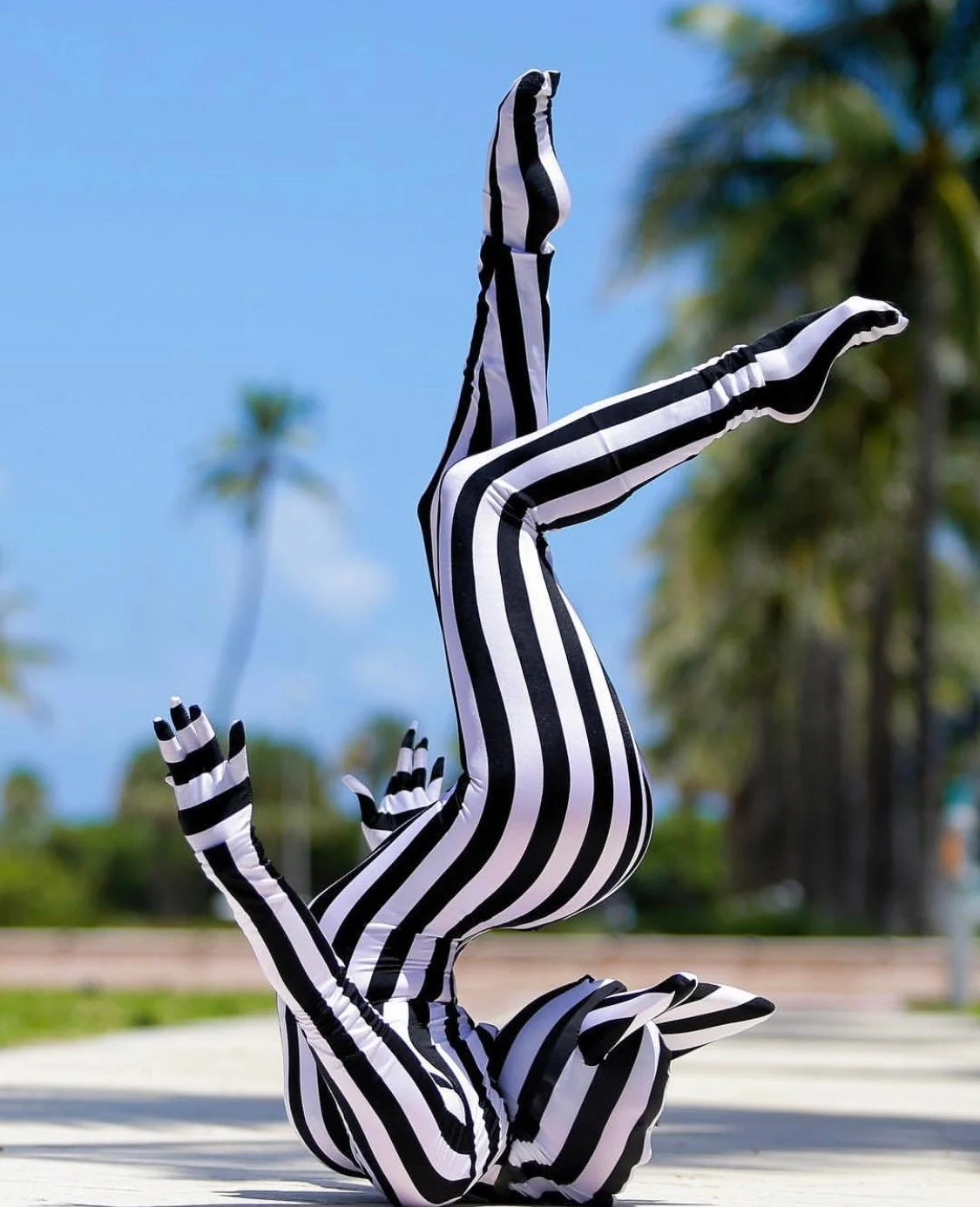 Black & White Striped Catsuit Costume, Headpiece With Cat Ears, Gloves, Socks - Image 5