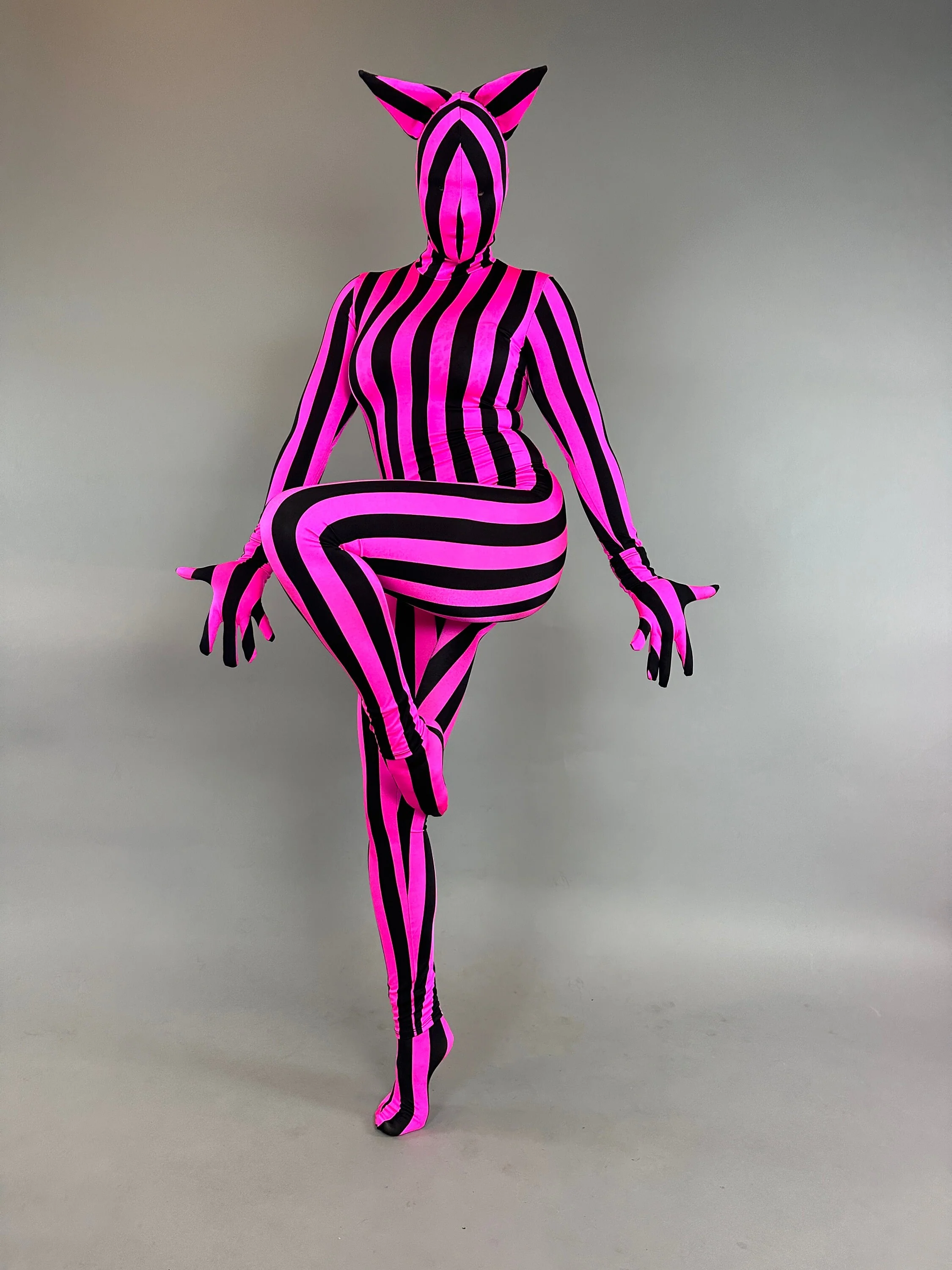 Pink And Black Stripe Full Body Cat Costume, Turtleneck, Full Sleeves Catsuit, Includes Headpiece - Image 5