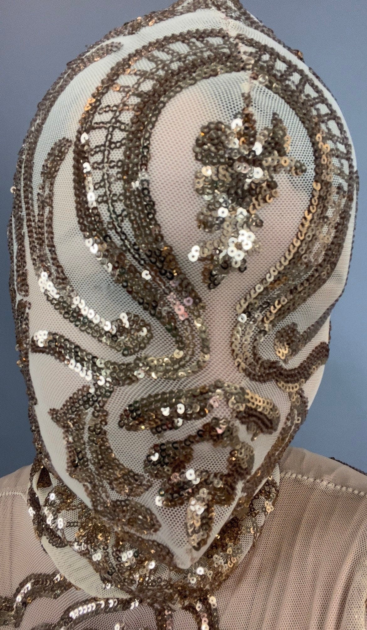 Iridescent Sequin Face Mask, Full Headpiece, Nude Mesh Balaclava, Fantasy Creature Mask, Festival Accessory, Futuristic Headwear - Image 5