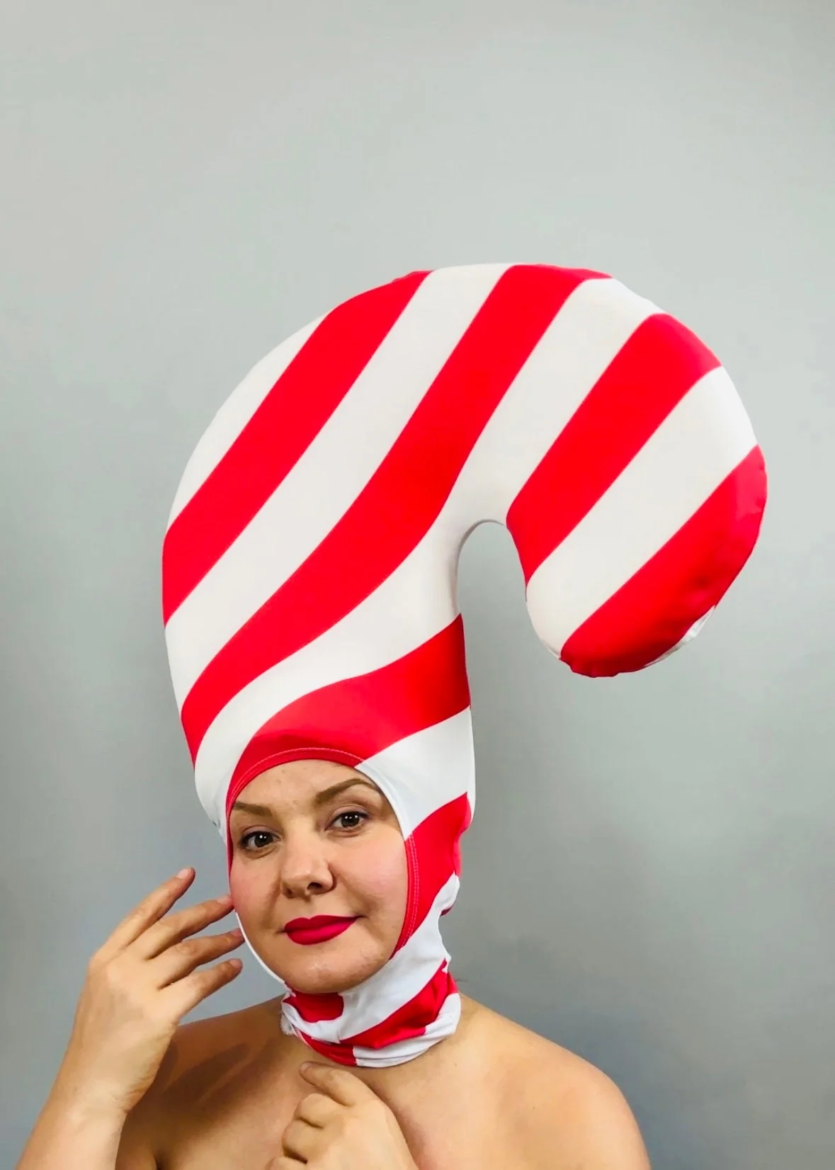 Candy Cane Headpiece, Red and White Stripe Spandex Hat, Festive Holiday Costume Accessory, Open Face Headwear, Lightweight Stretch Fabric - Image 3