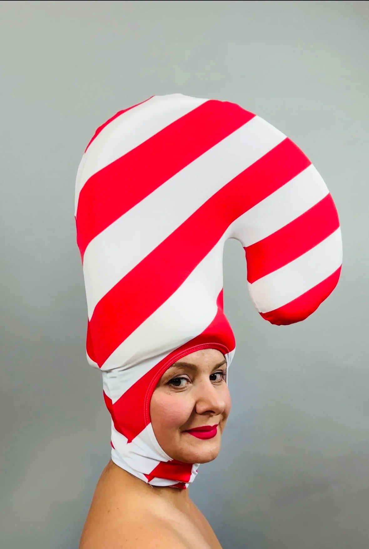 Candy Cane Headpiece, Red and White Stripe Spandex Hat, Festive Holiday Costume Accessory, Open Face Headwear, Lightweight Stretch Fabric - Image 6
