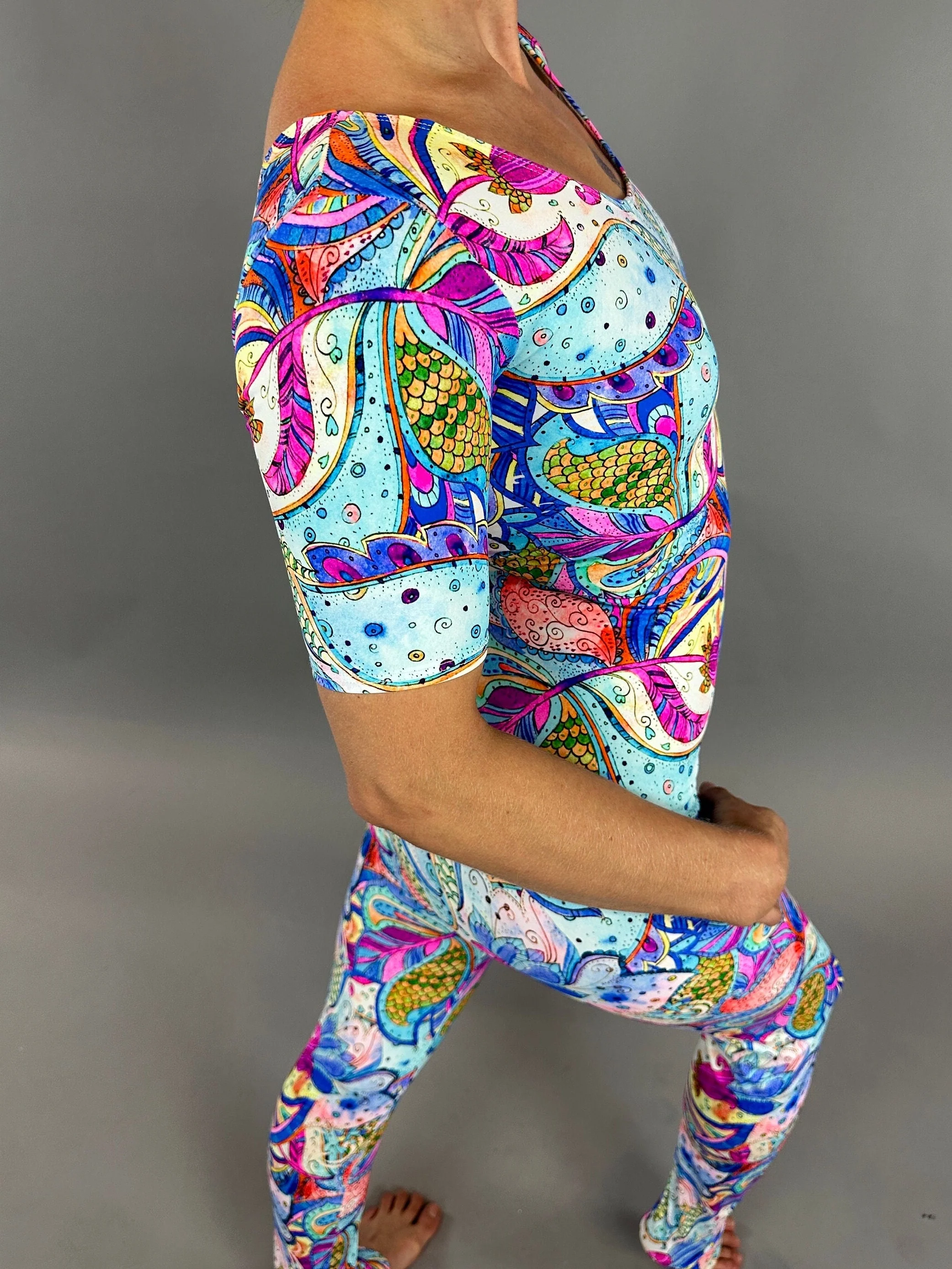 Fluorescent Flower Print Jumpsuit, Exotic Dance Wear, Gymnastic Unitard, Colorful Paisley Bodysuit, Aerialist Costume, Short Sleeve Catsuit - Image 4