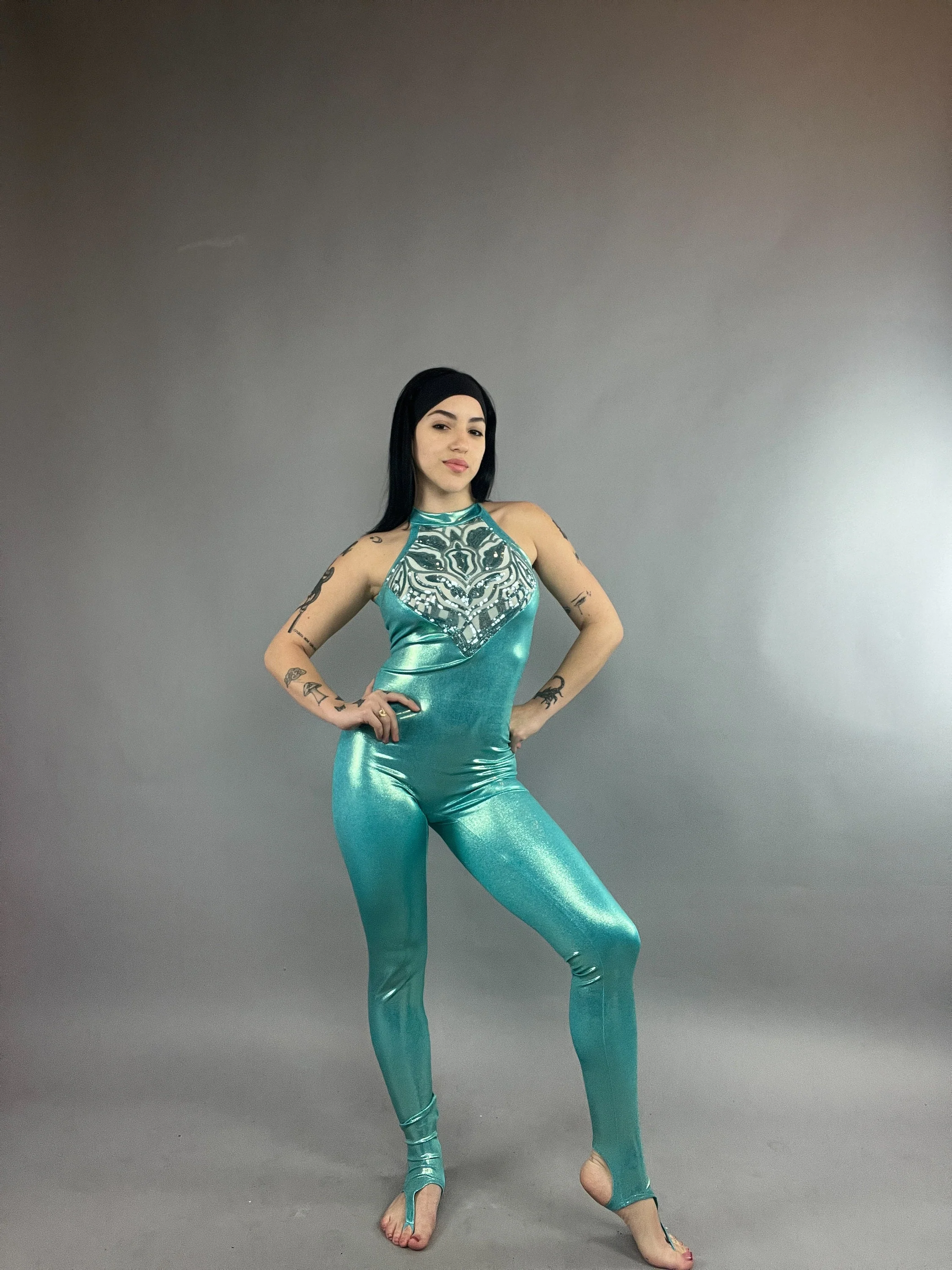 Iridescent Turquoise Forest Fairy Catsuit, Halterneck, Sleeveless - Image 7