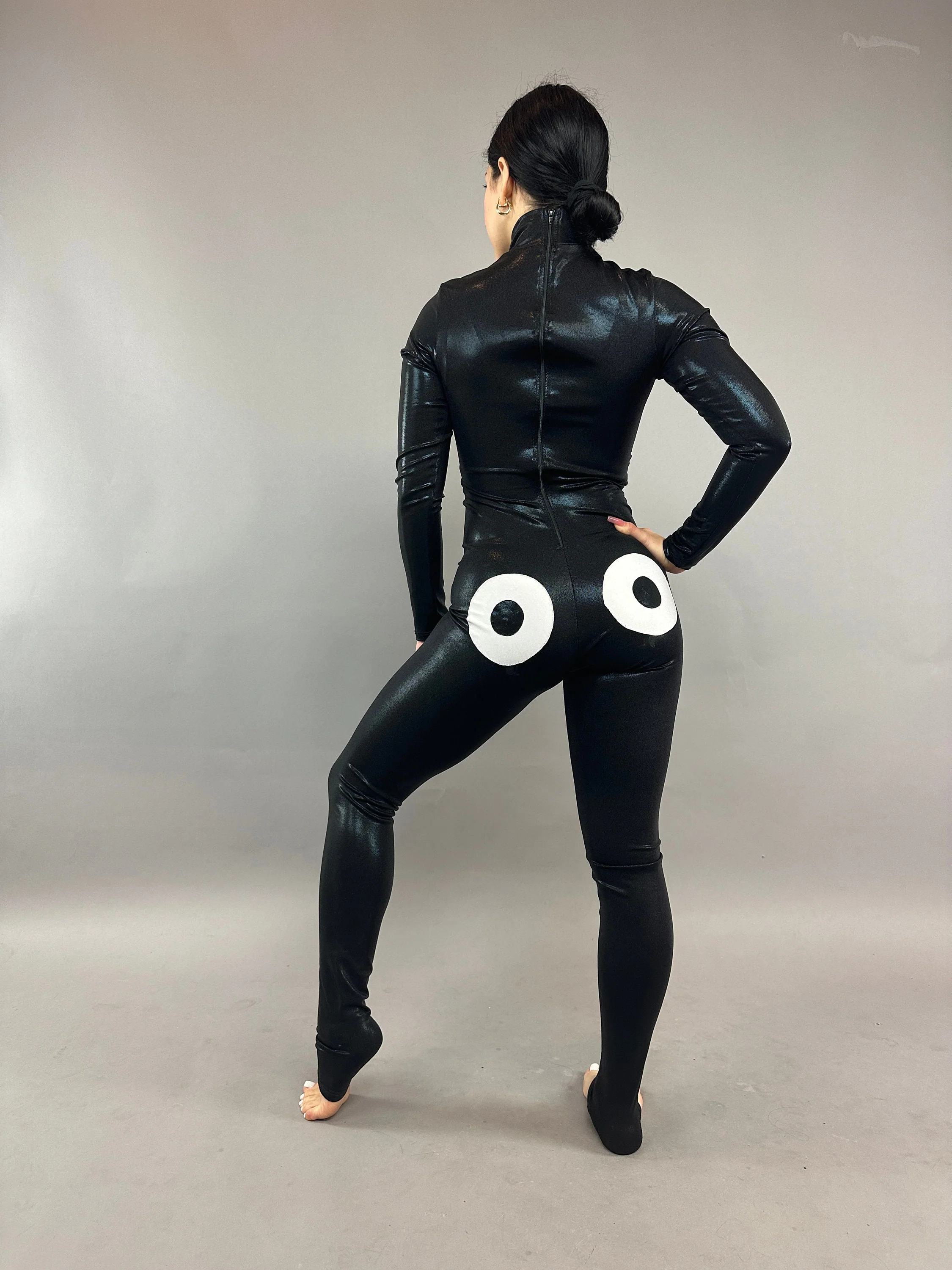 Black Googly Eyes Catsuit, Full Sleeves, Turtleneck - Image 8