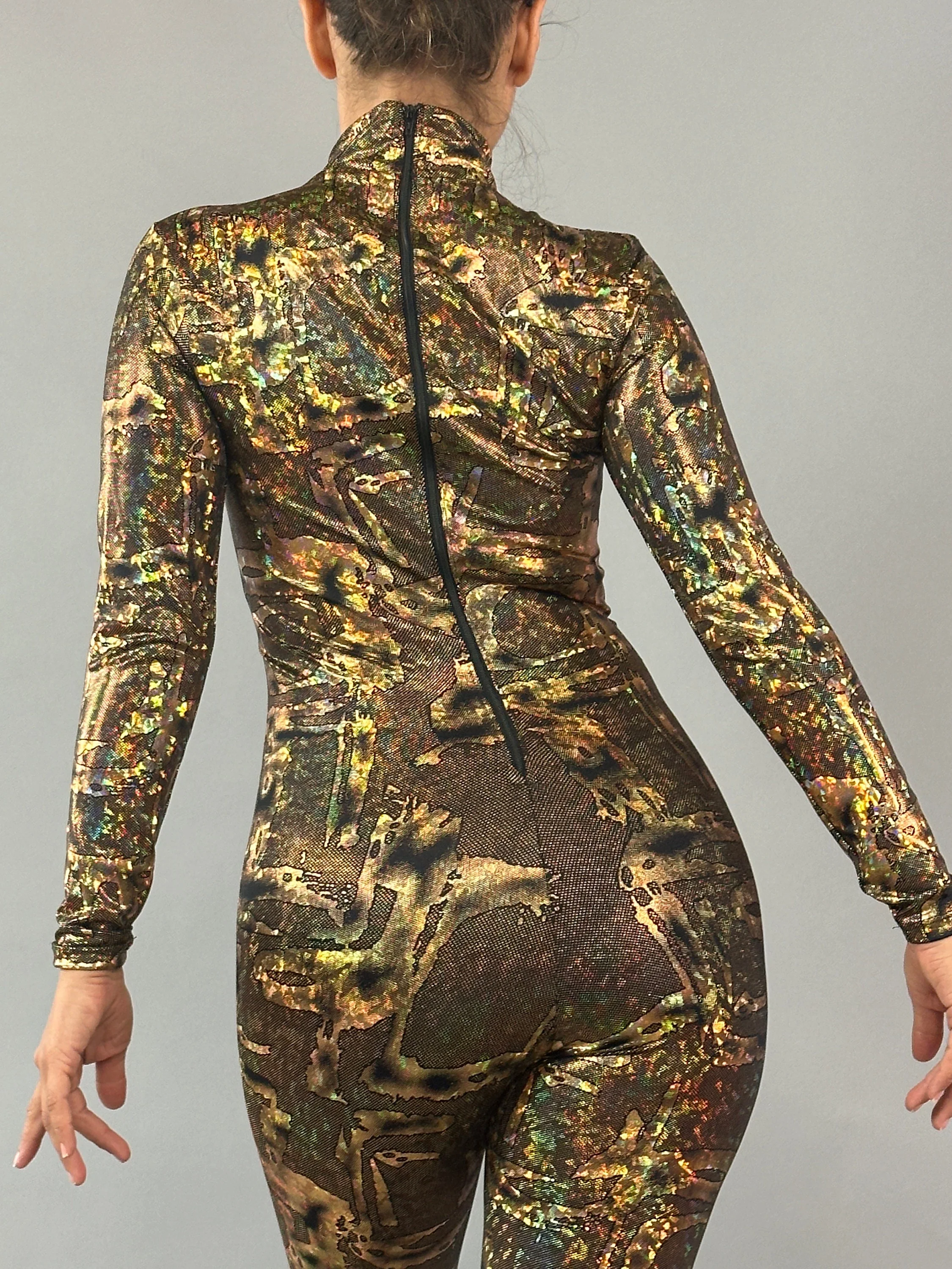 Holographic Alien Catsuit, Turtleneck, Long Sleeves