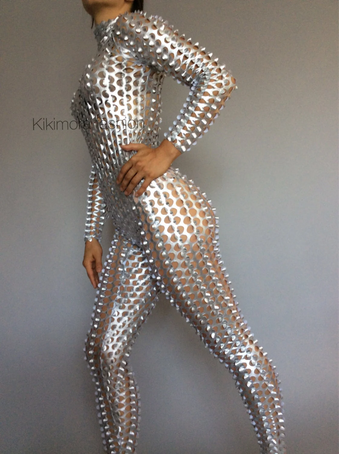 Silver Catsuit for Dance and Performance, Futuristic Scaled Texture, Unisex - Image 4