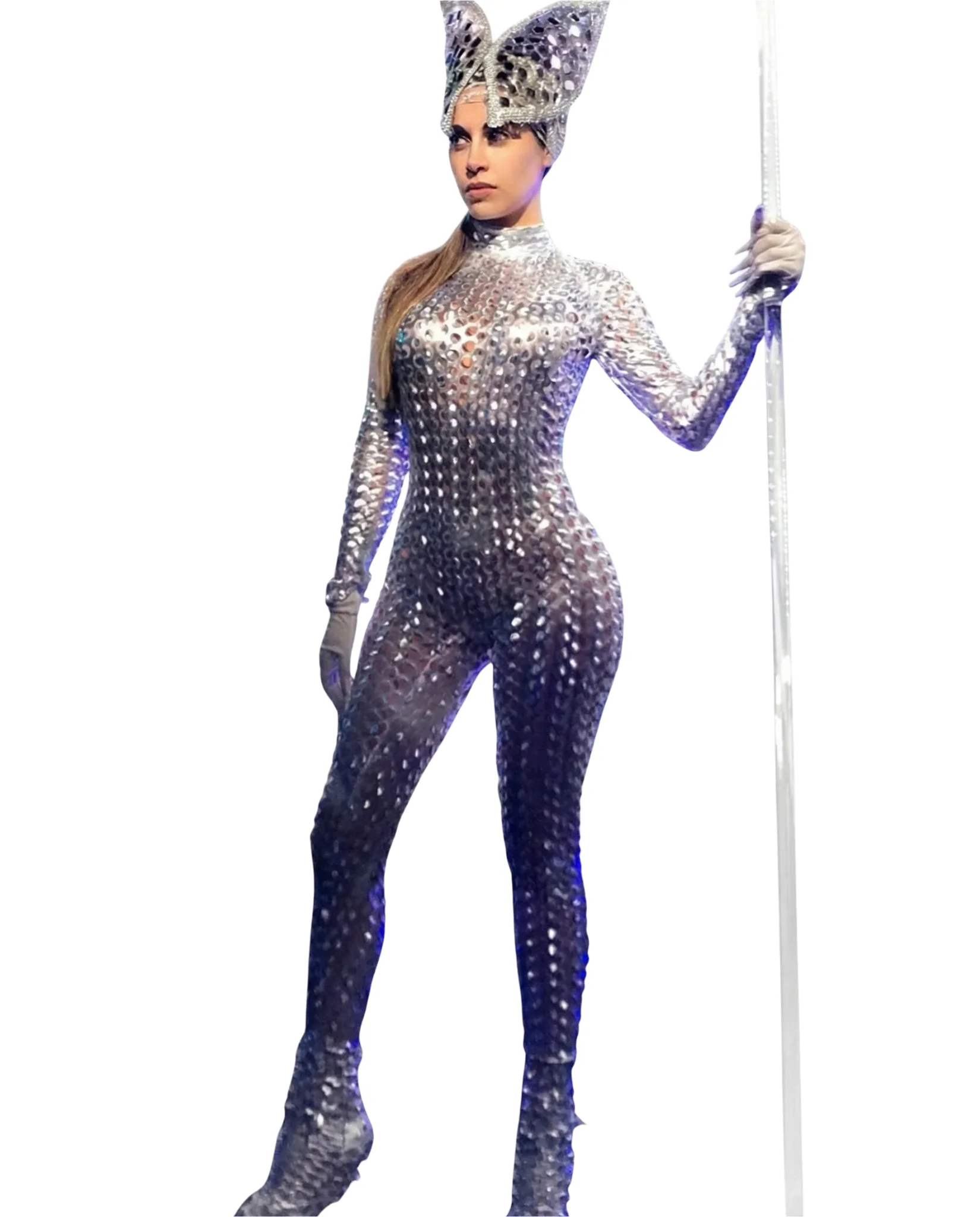 Silver Catsuit for Dance and Performance, Futuristic Scaled Texture, Unisex - Image 9