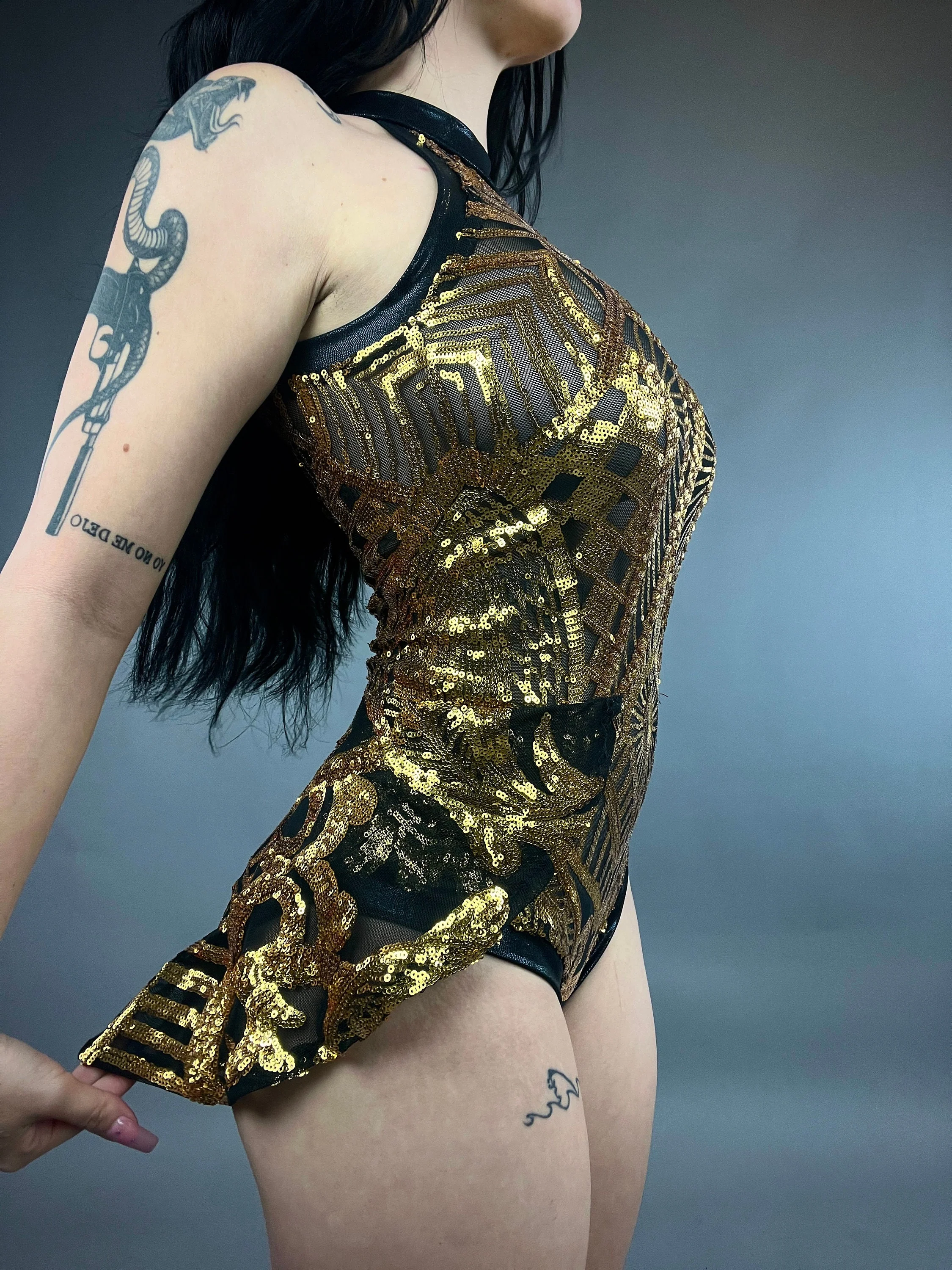 Black and Gold Sequin Leotard, Halter Neck, Back Cutout - Image 10