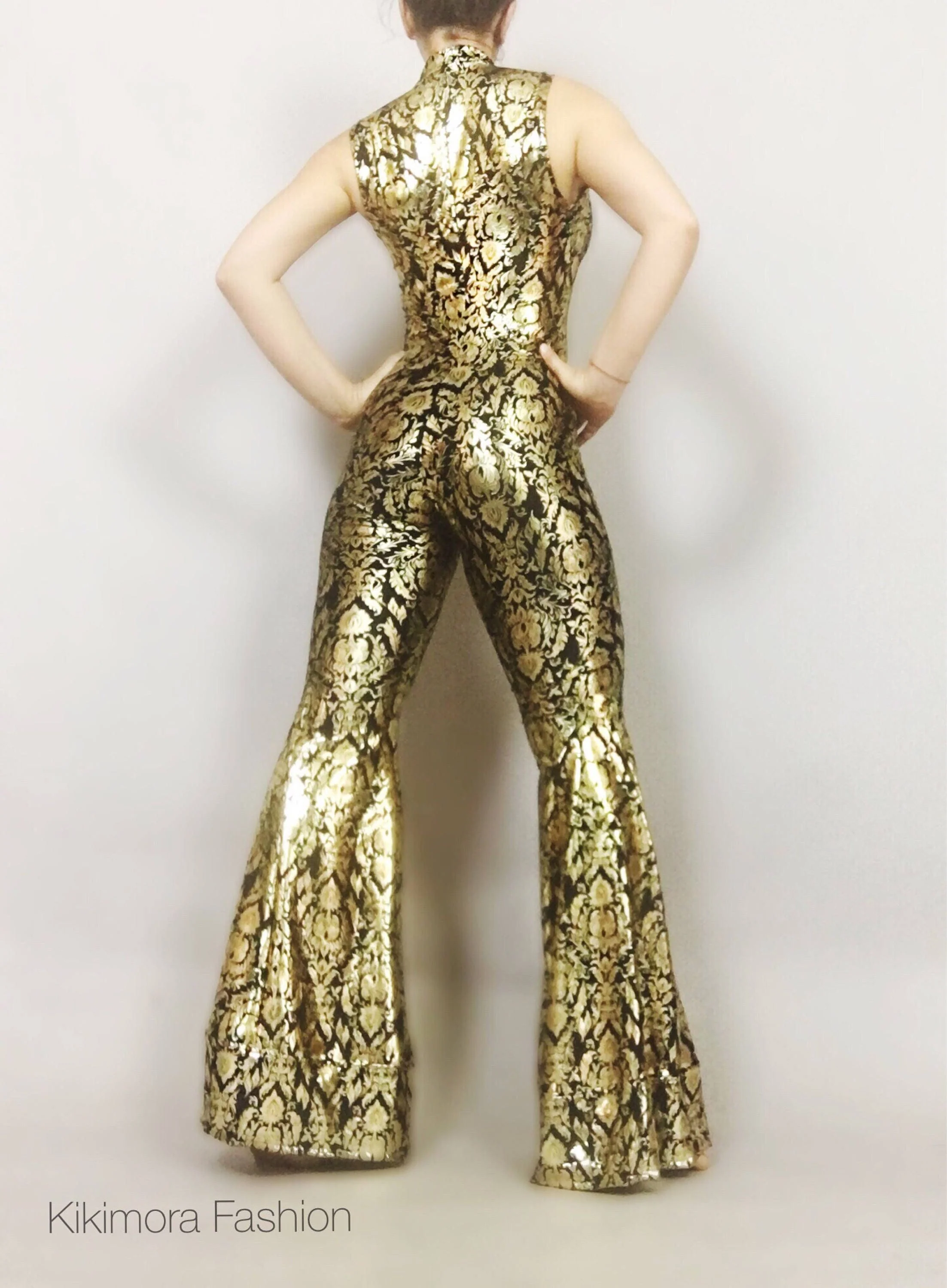 Gold and Black Bell Bottom Catsuit, Sleeveless Turtleneck Spandex Performance Jumpsuit for Festival Stage Wear - Image 4