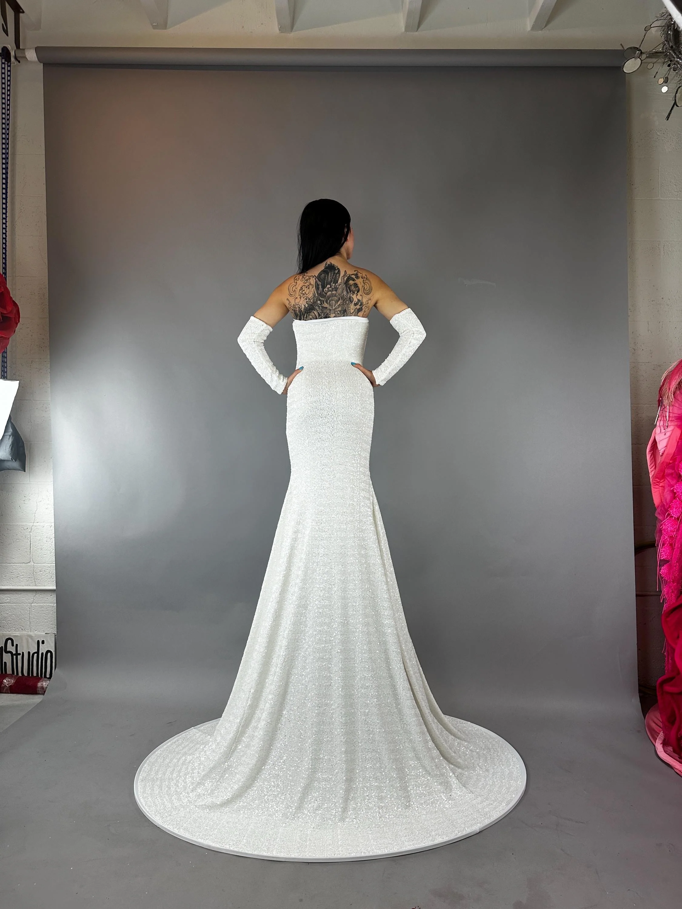 Long White Sequin Gown with Hem and Gloves - Image 3