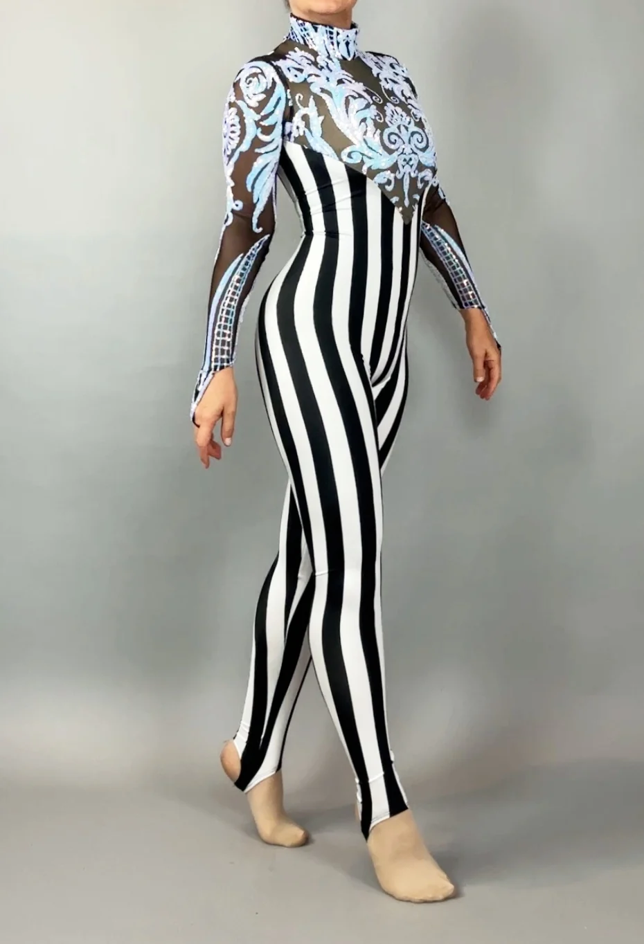 Black White Striped Catsuit, Sequin Mesh Applique Long Sleeve Unitard - Image 13