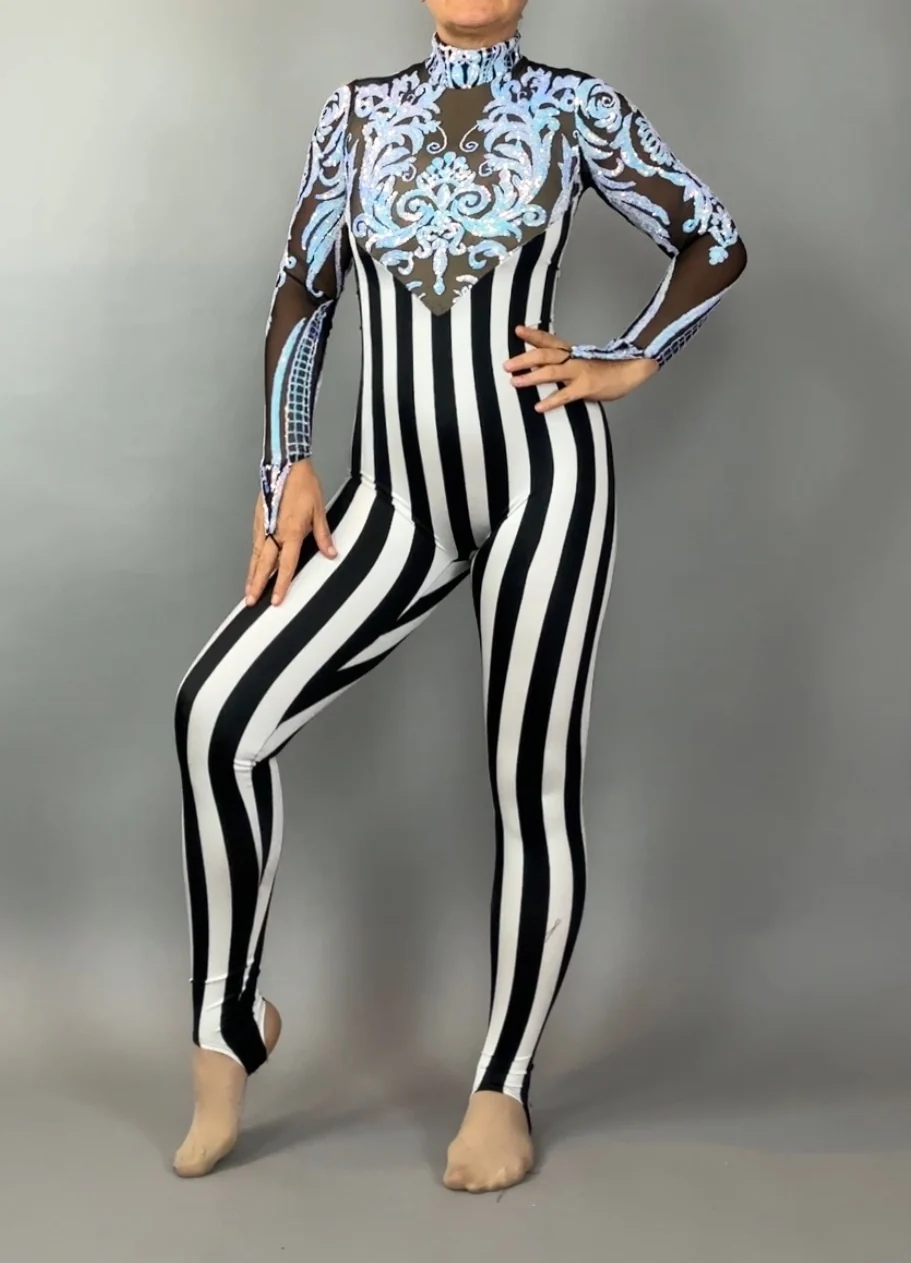 Black White Striped Catsuit, Sequin Mesh Applique Long Sleeve Unitard - Image 16