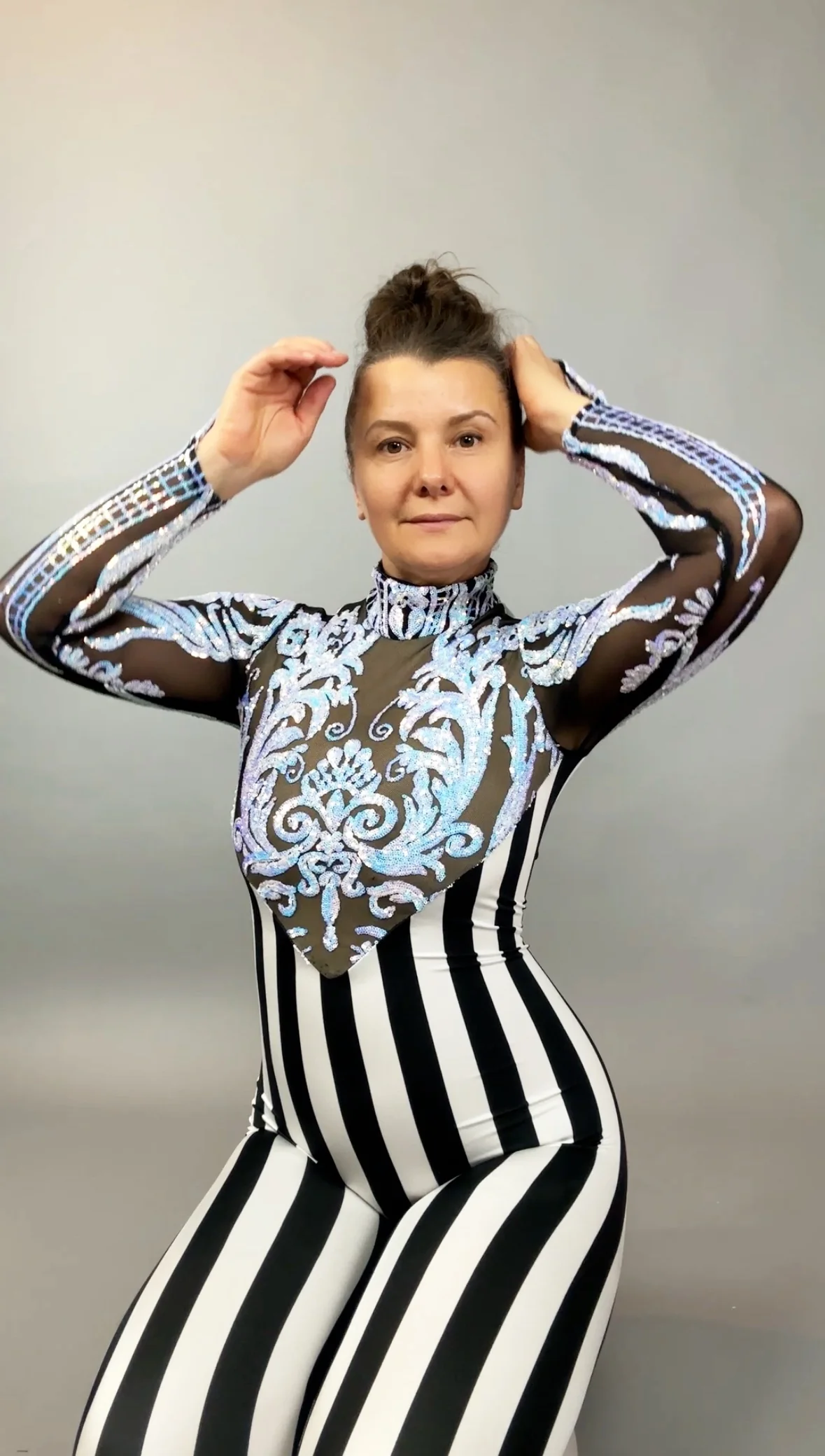 Black White Striped Catsuit, Sequin Mesh Applique Long Sleeve Unitard - Image 6