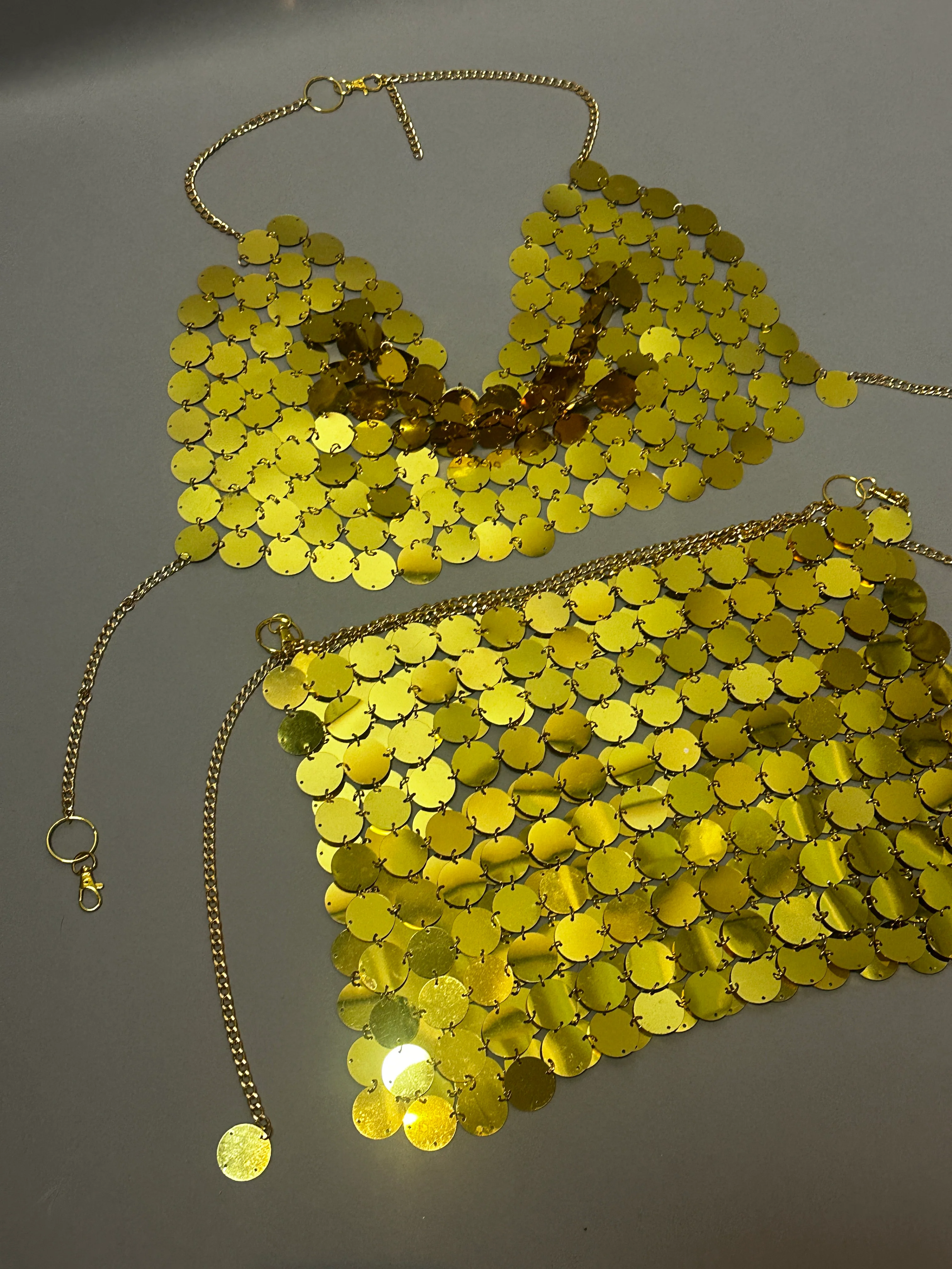 Gold Chain Two-Piece Set, Mirror Disc Crop Top and Skirt, Festival Rave Outfit, Showgirl Costume, Belly Dance Wear, Adjustable Bikini - Image 10