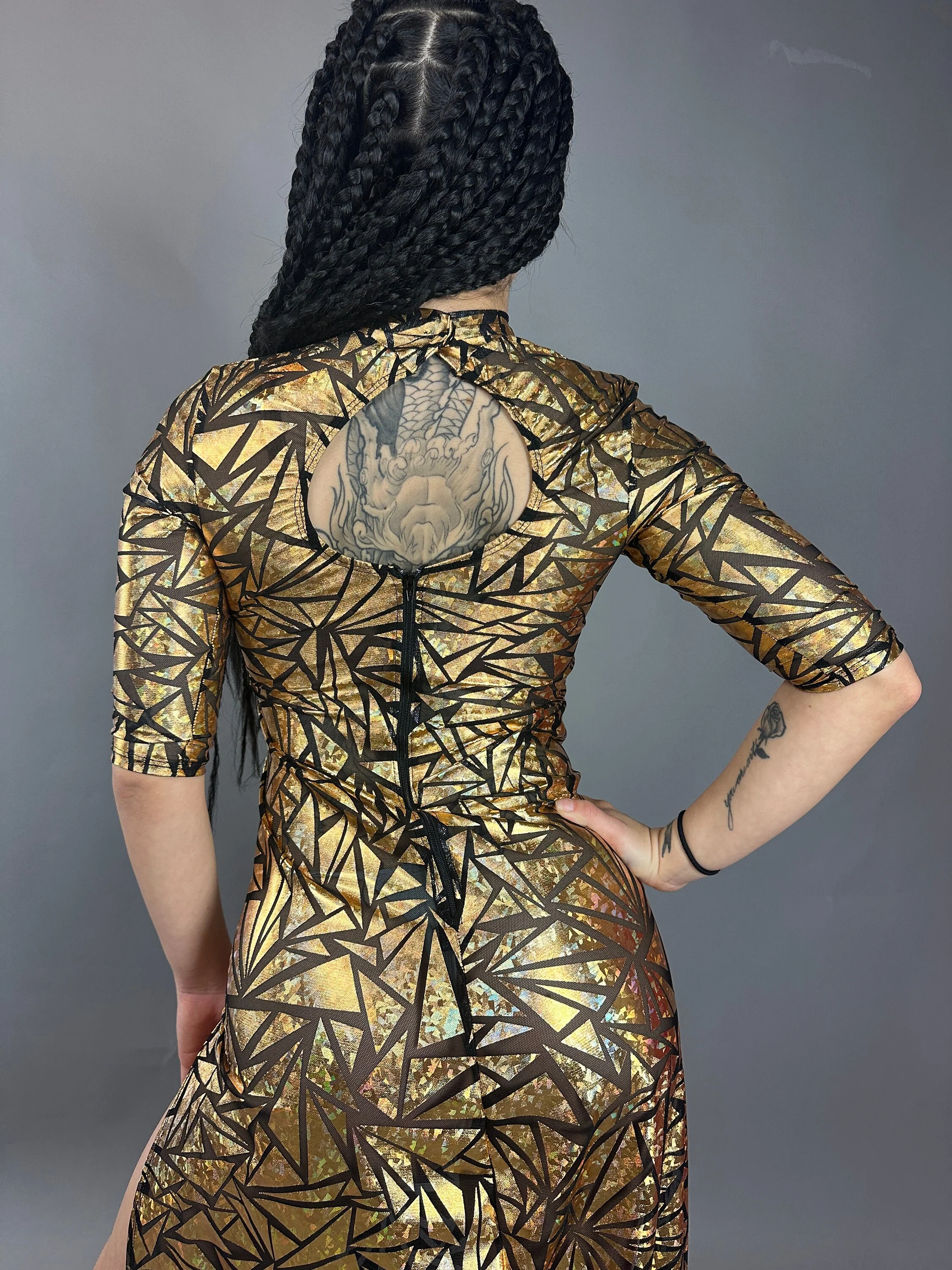 Gold Mesh Dress, Holographic Geometric Print Gown, Sheer Spandex Party Dress, High Slit Festival Outfit, Futuristic Club Wear, Open Back - Image 11