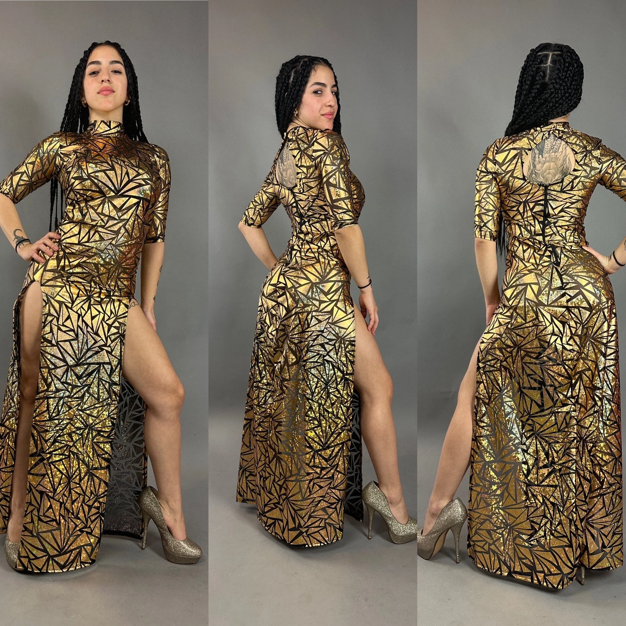 Gold Mesh Dress, Holographic Geometric Print Gown, Sheer Spandex Party Dress, High Slit Festival Outfit, Futuristic Club Wear, Open Back - Image 3
