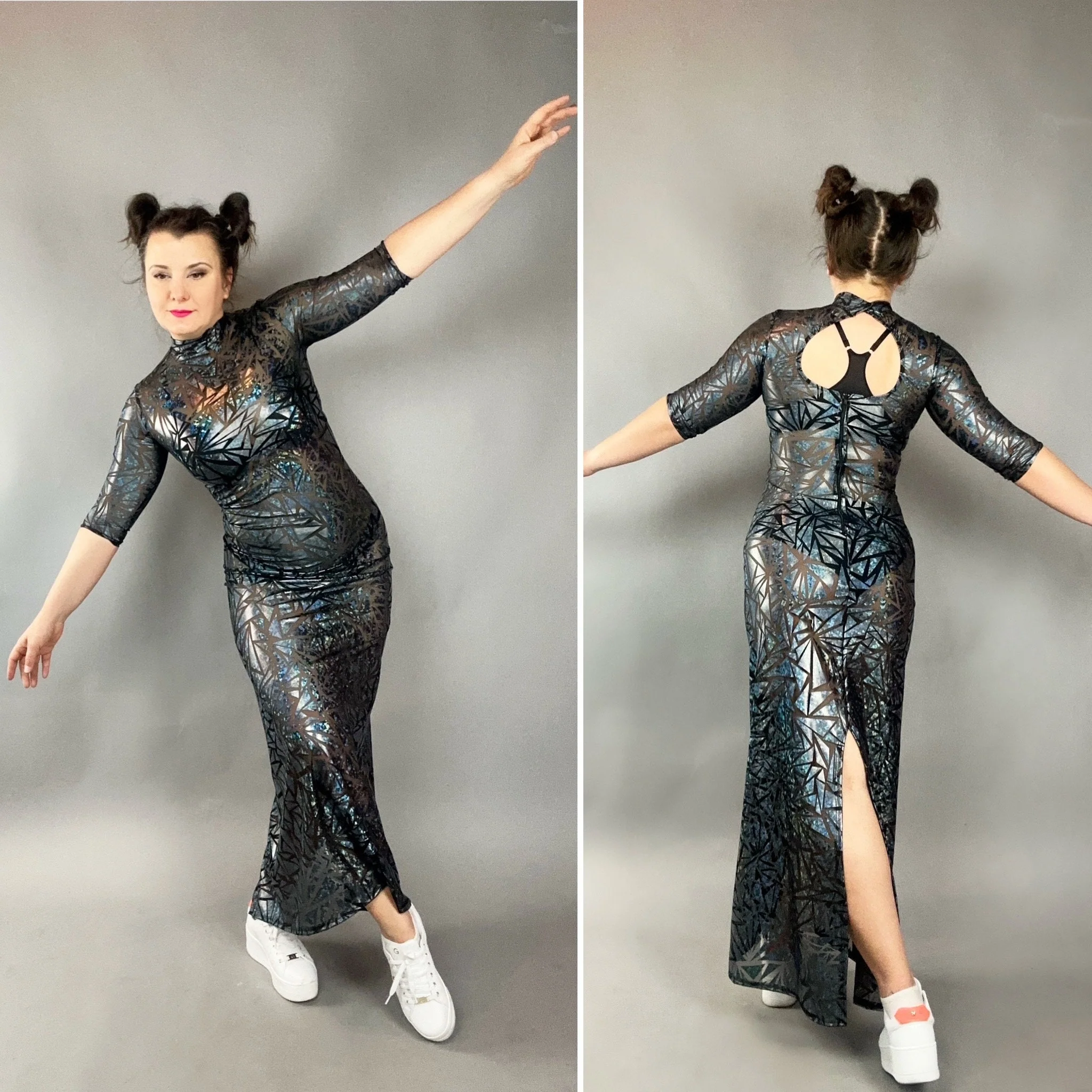 Gold Mesh Dress, Holographic Geometric Print Gown, Sheer Spandex Party Dress, High Slit Festival Outfit, Futuristic Club Wear, Open Back - Image 6