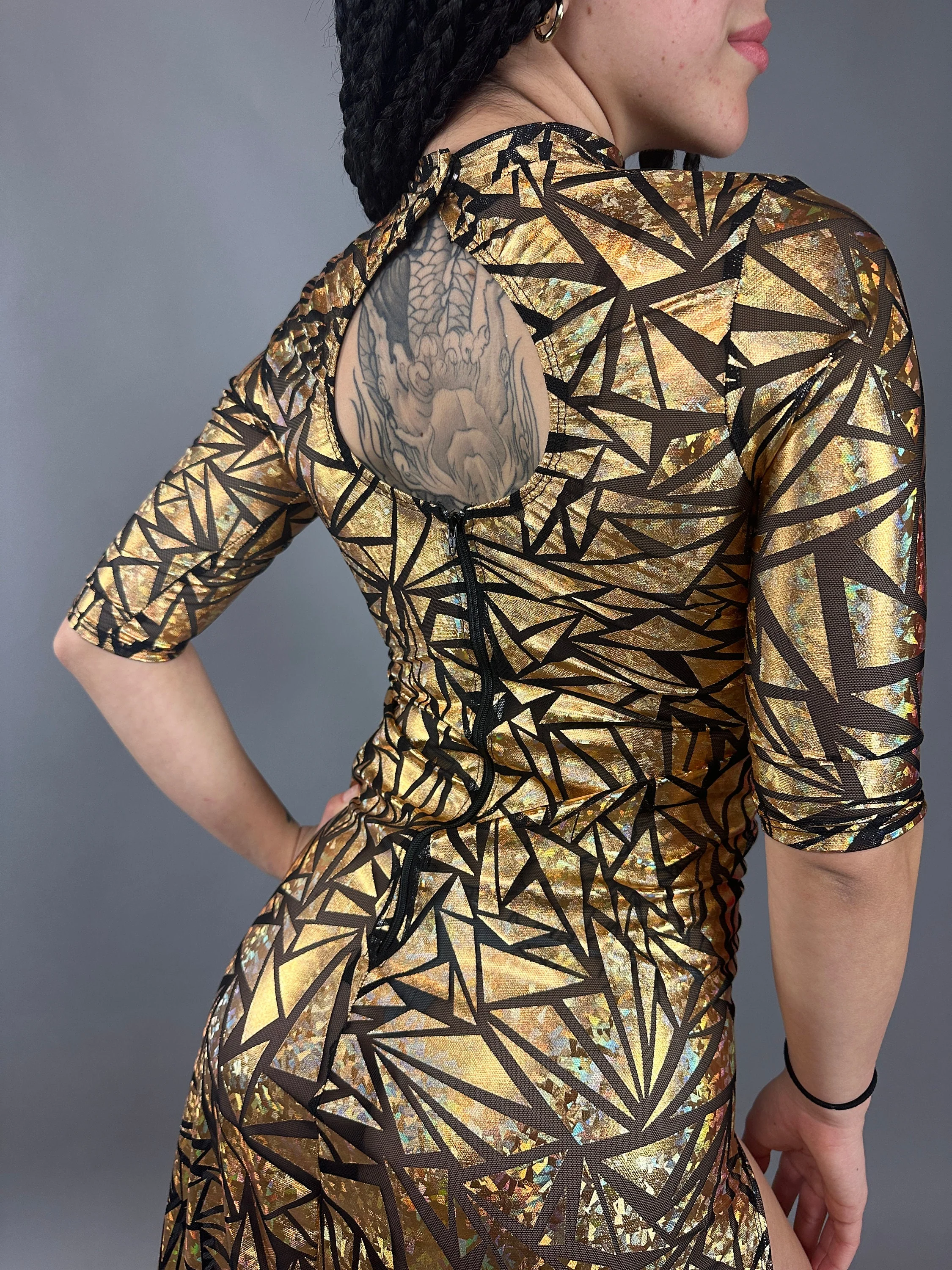 Gold Mesh Dress, Holographic Geometric Print Gown, Sheer Spandex Party Dress, High Slit Festival Outfit, Futuristic Club Wear, Open Back - Image 7