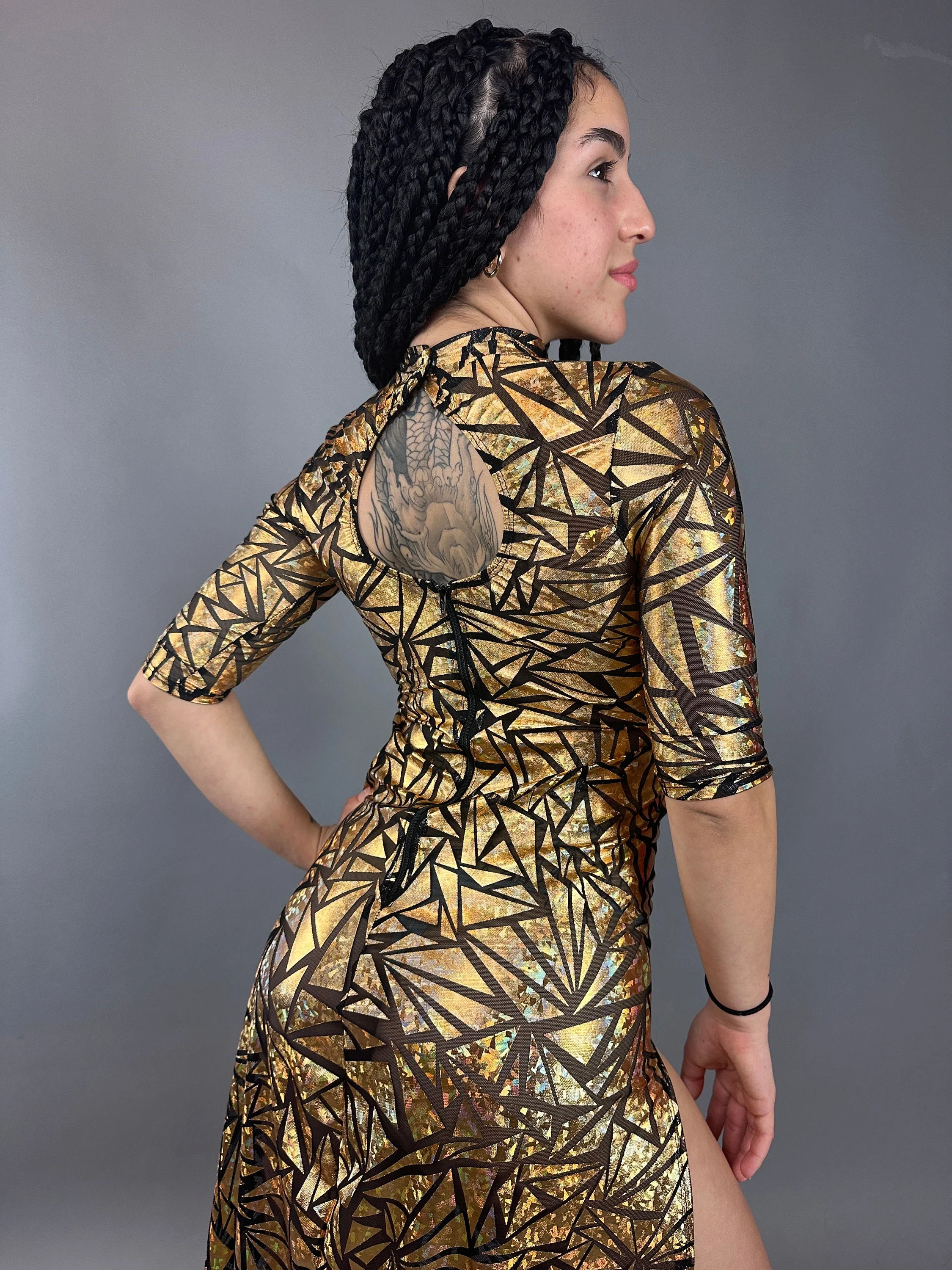 Gold Mesh Dress, Holographic Geometric Print Gown, Sheer Spandex Party Dress, High Slit Festival Outfit, Futuristic Club Wear, Open Back - Image 8