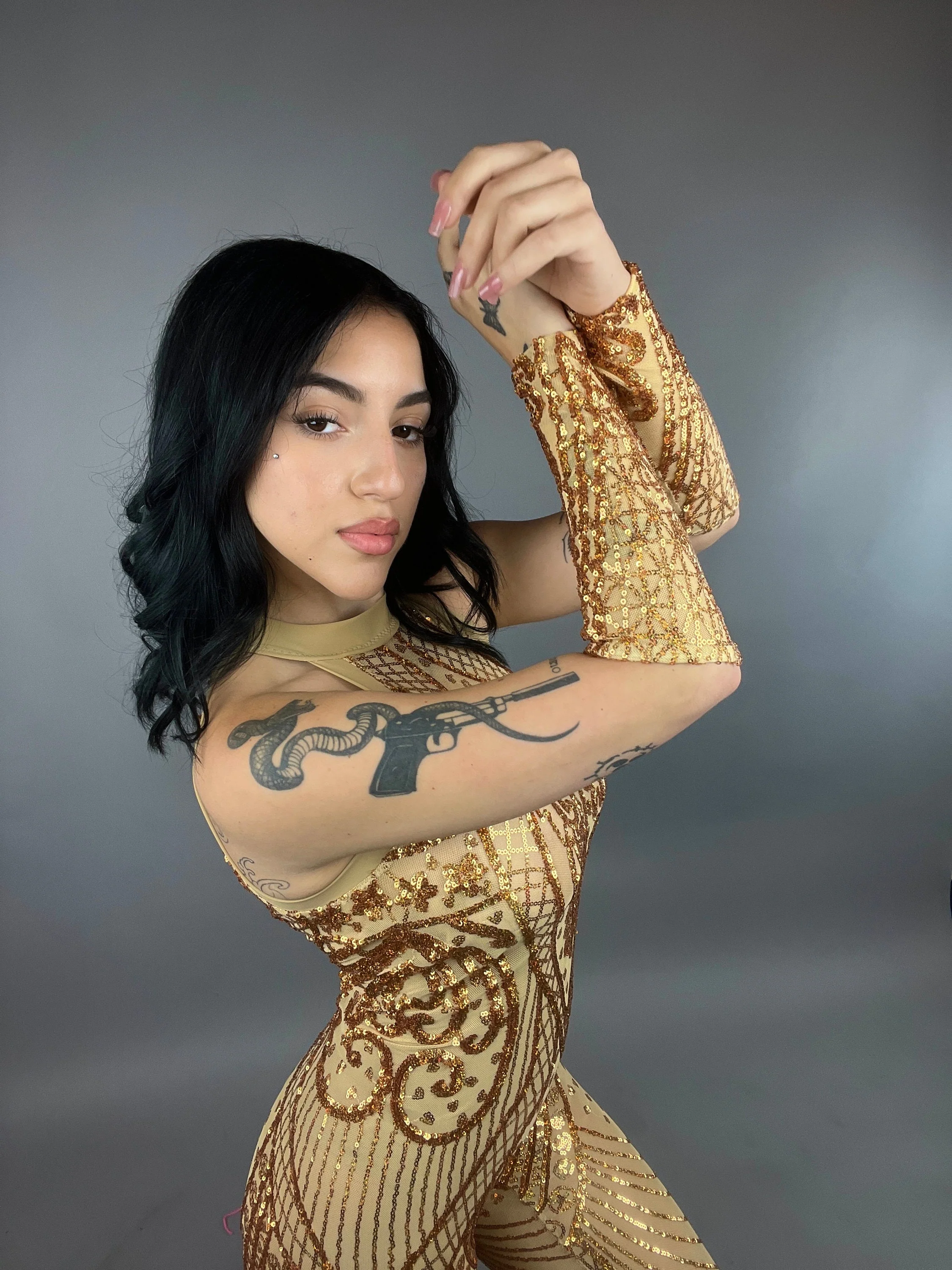 Gold Sequin Bodysuit, Sheer Catsuit, Contortionist Costume, Wedding Jumpsuit, Sleeveless Unitard, Custom Dance Wear - Image 3