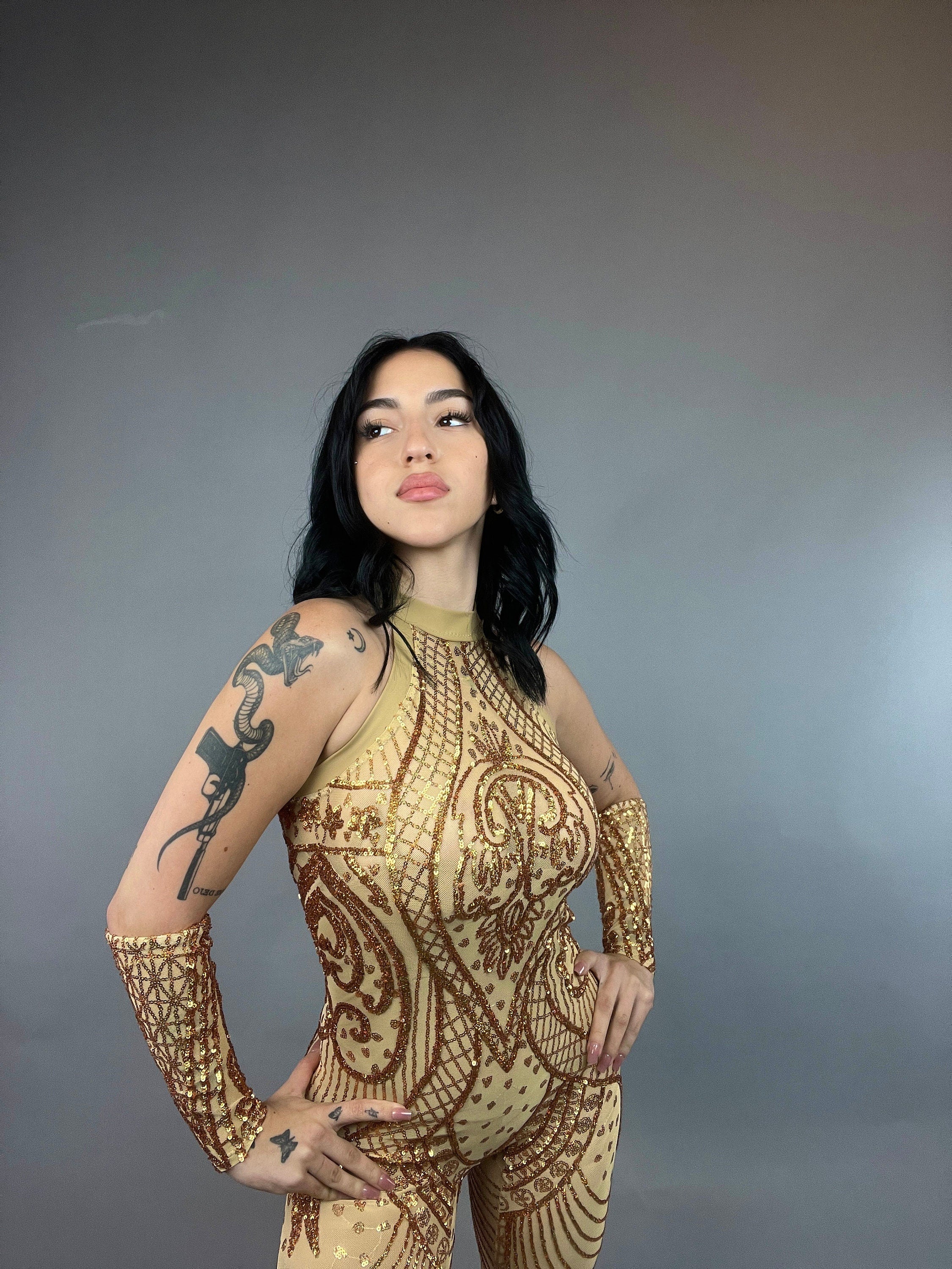 Gold Sequin Bodysuit, Sheer Catsuit, Contortionist Costume, Wedding Jumpsuit, Sleeveless Unitard, Custom Dance Wear - Image 5