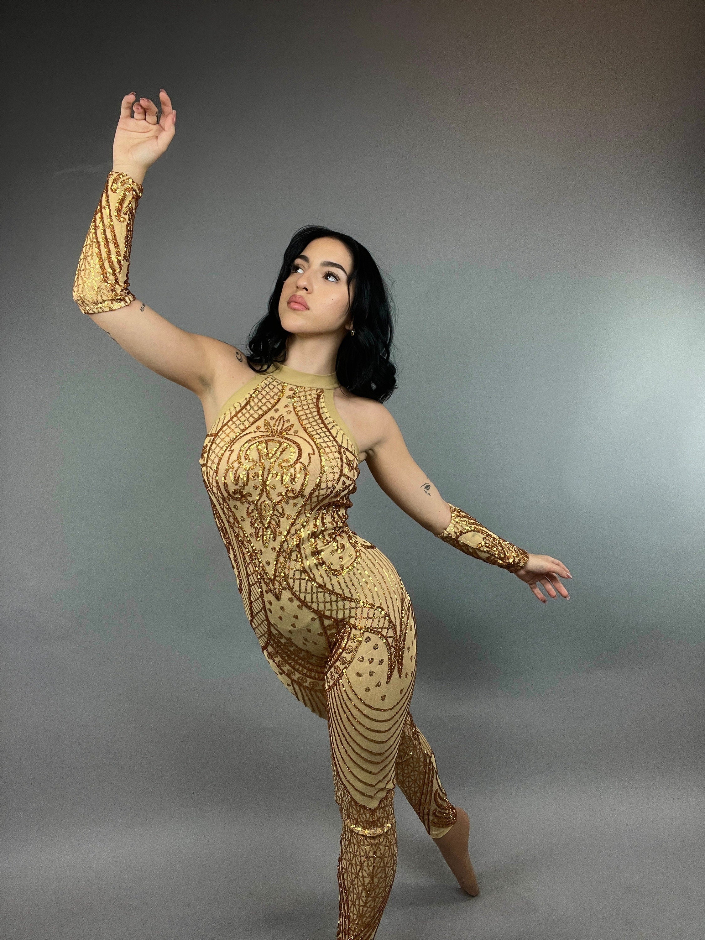 Gold Sequin Bodysuit, Sheer Catsuit, Contortionist Costume, Wedding Jumpsuit, Sleeveless Unitard, Custom Dance Wear - Image 7
