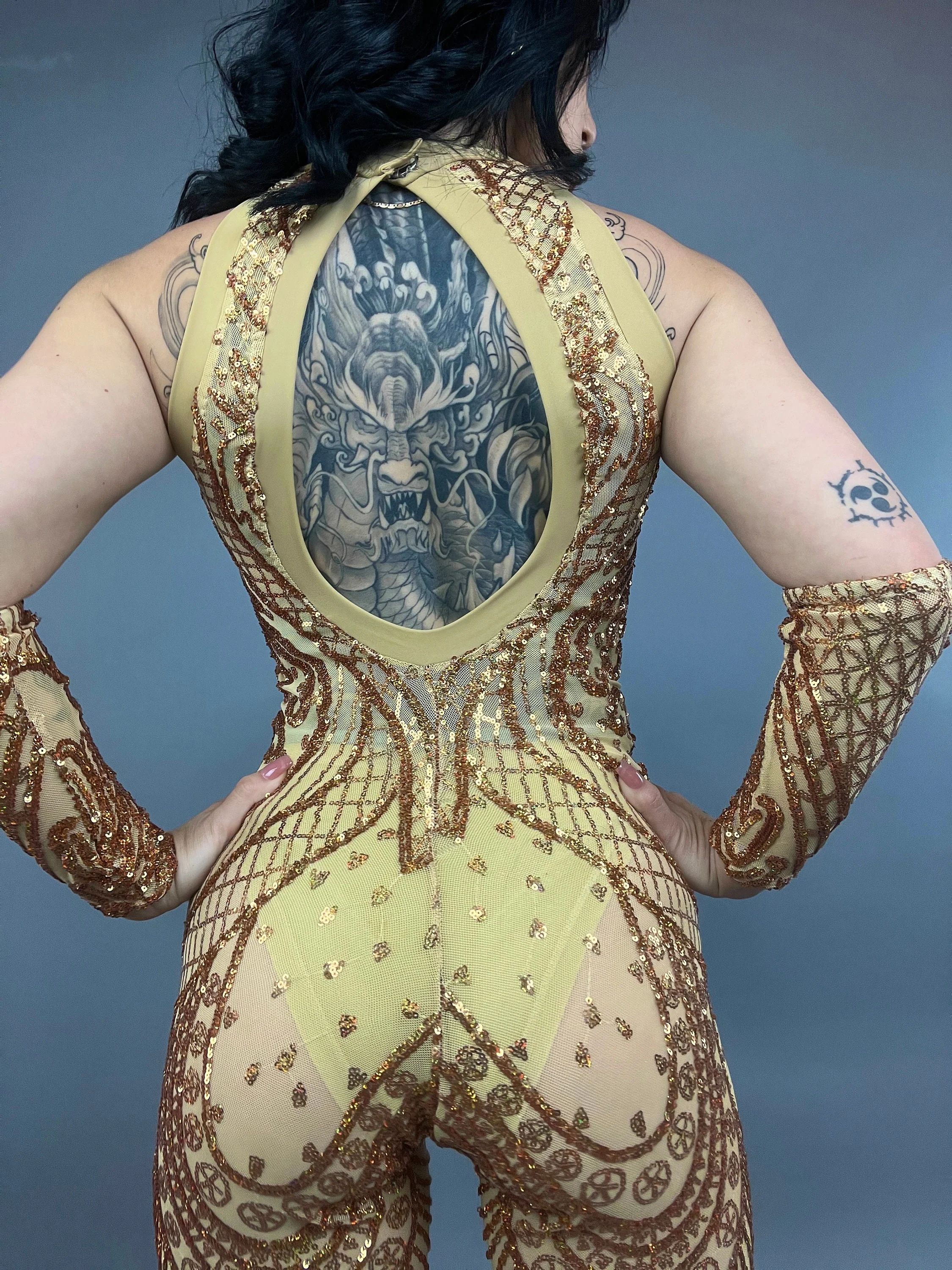 Gold Sequin Bodysuit, Sheer Catsuit, Contortionist Costume, Wedding Jumpsuit, Sleeveless Unitard, Custom Dance Wear - Image 8