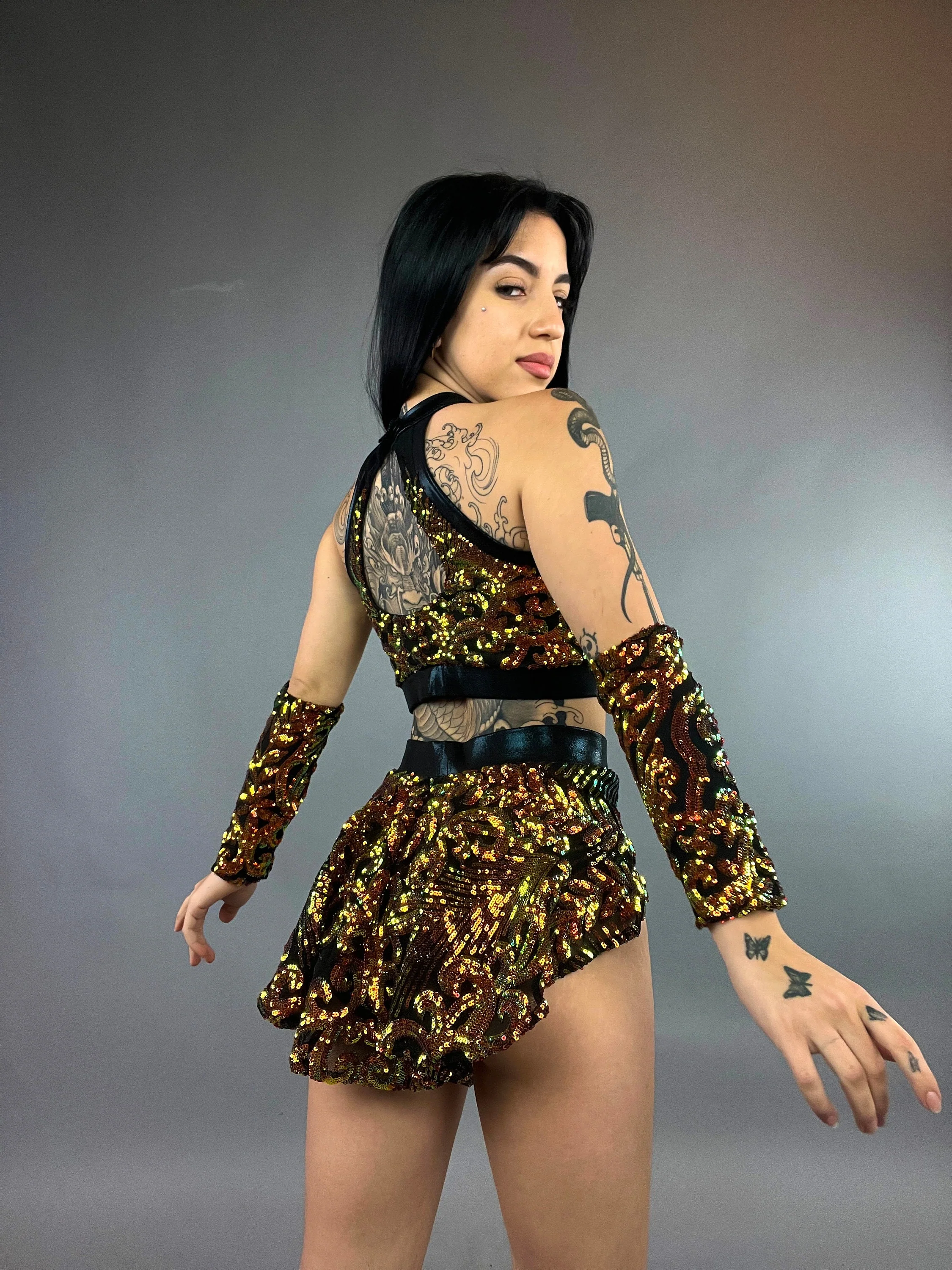 Gold Sequin on Black Crop Top and Bottom Set, Halterneck Top, Hand Accessories - Image 10