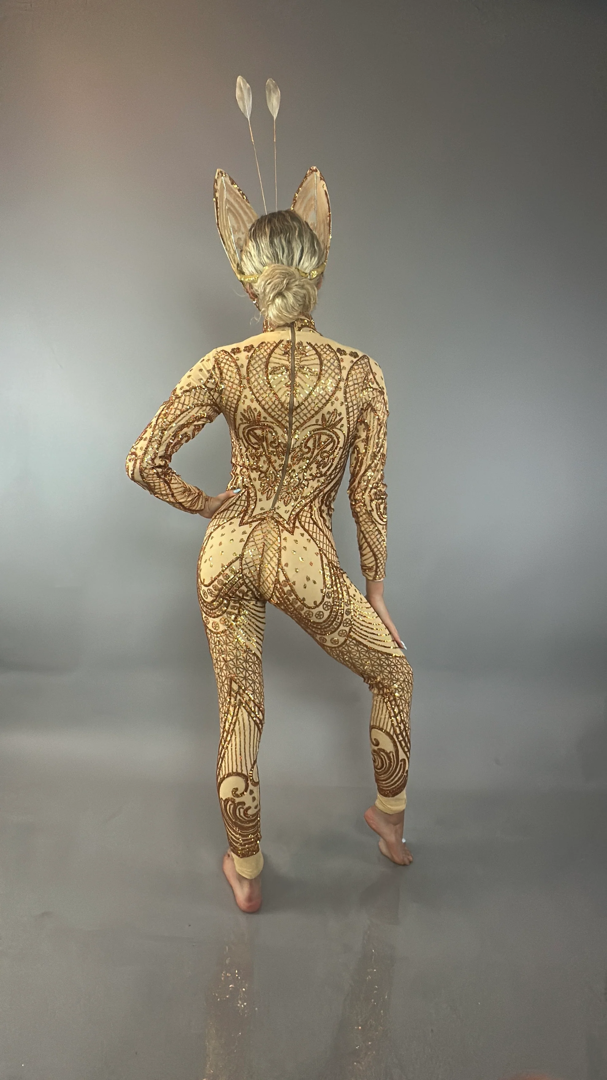 Golden Butterfly Sequin Full Body Costume with Mask, Spandex Catsuit - Image 7