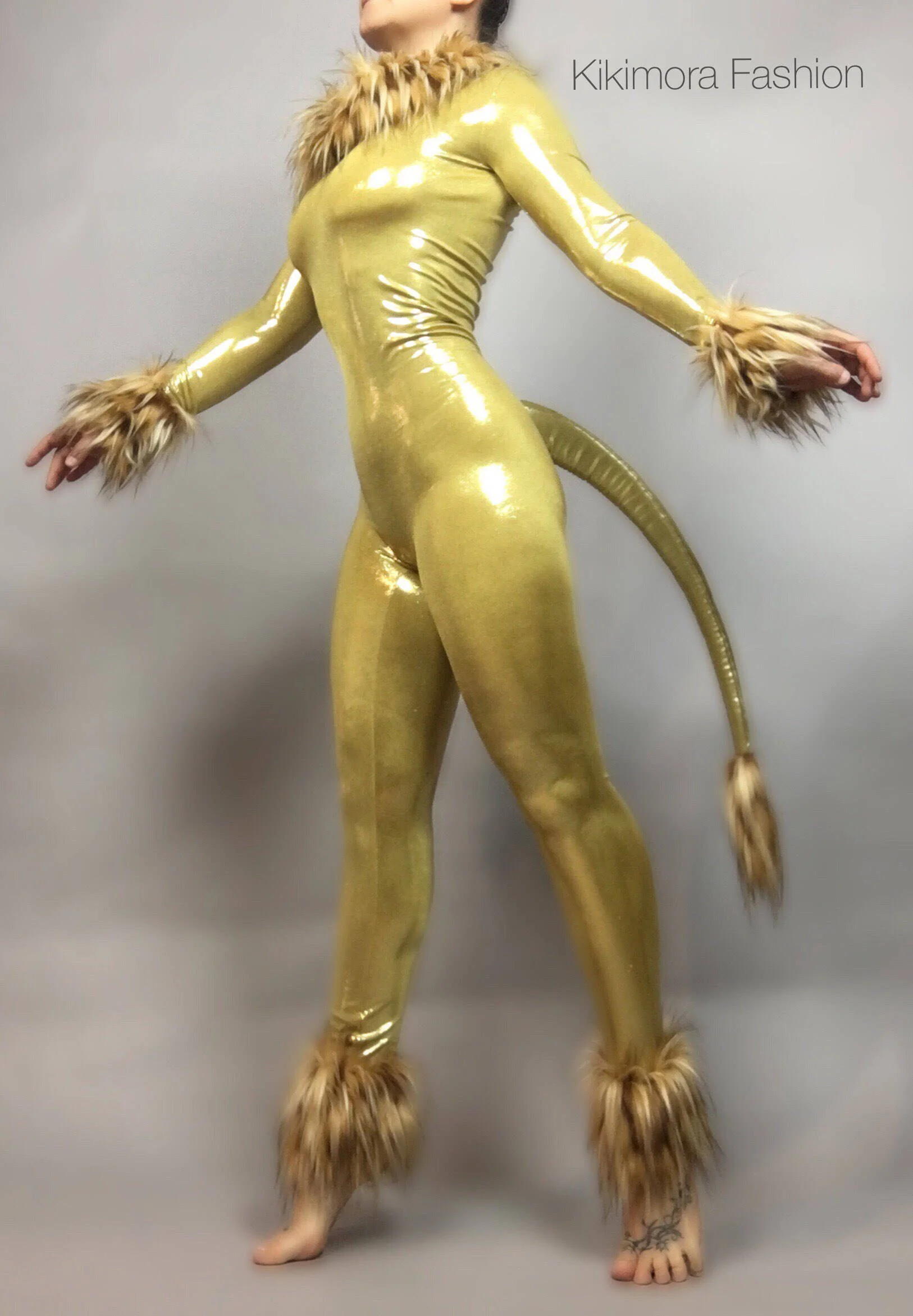 Golden Lion Catsuit, Fur Trim, Full Sleeves, Includes a Long Tail - Image 3