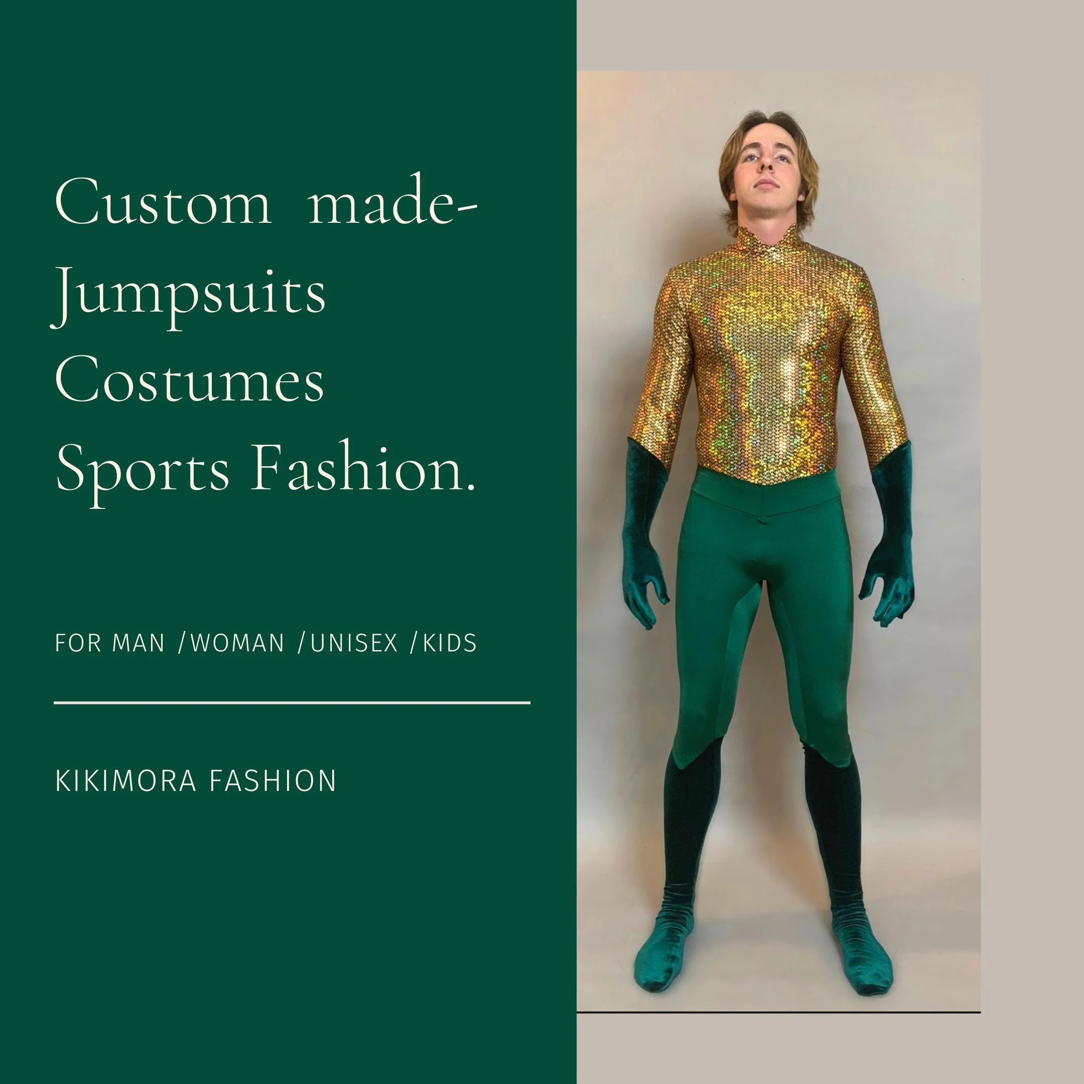Men's King of Atlantis Costume, Gold Holographic Scale Print Jumpsuit with Green Stretch Velvet, Full Body Catsuit, Mock Neck Performance Wear for Festivals & Comic Performance - Image 10