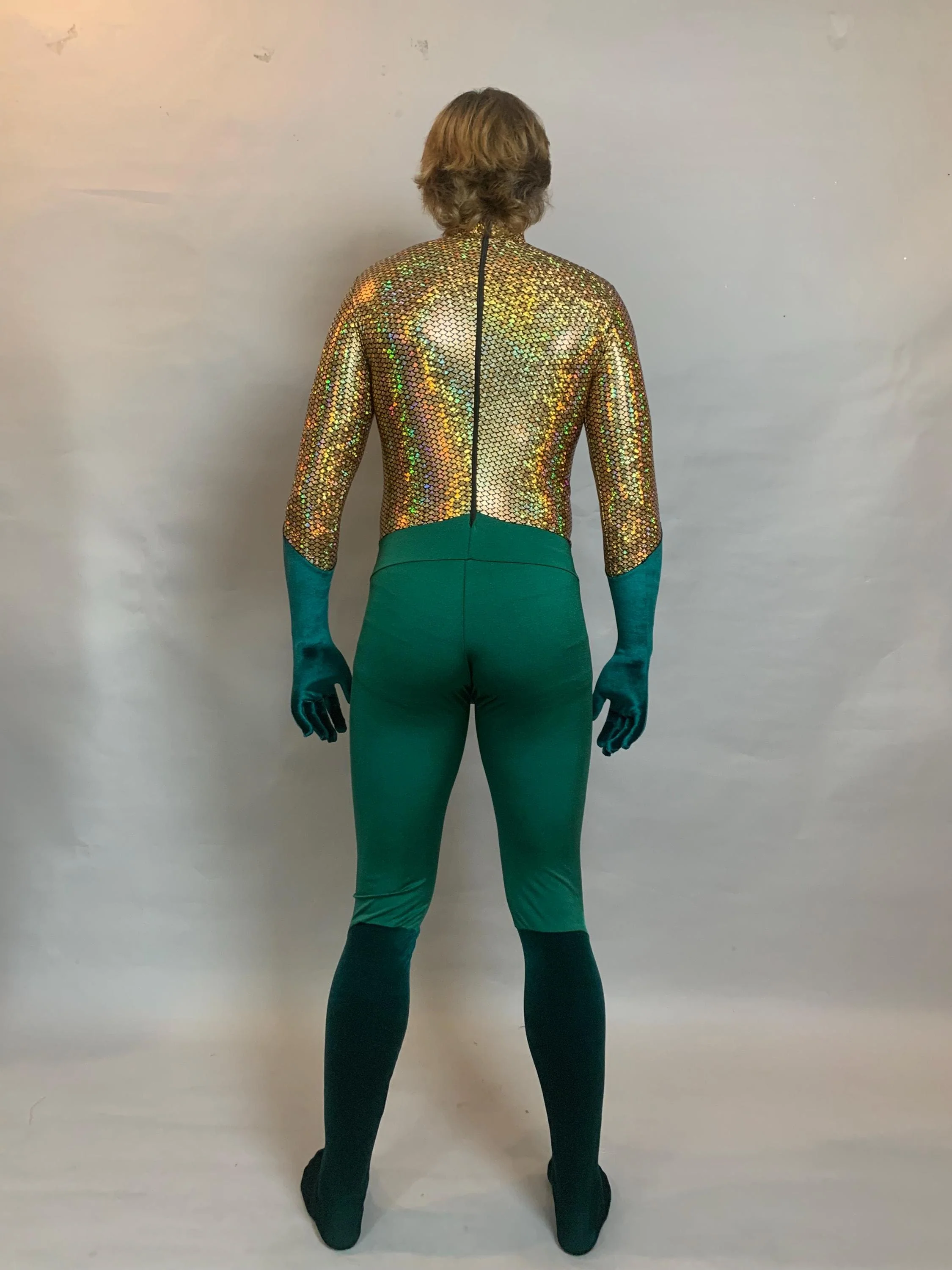 Men's King of Atlantis Costume, Gold Holographic Scale Print Jumpsuit with Green Stretch Velvet, Full Body Catsuit, Mock Neck Performance Wear for Festivals & Comic Performance - Image 7
