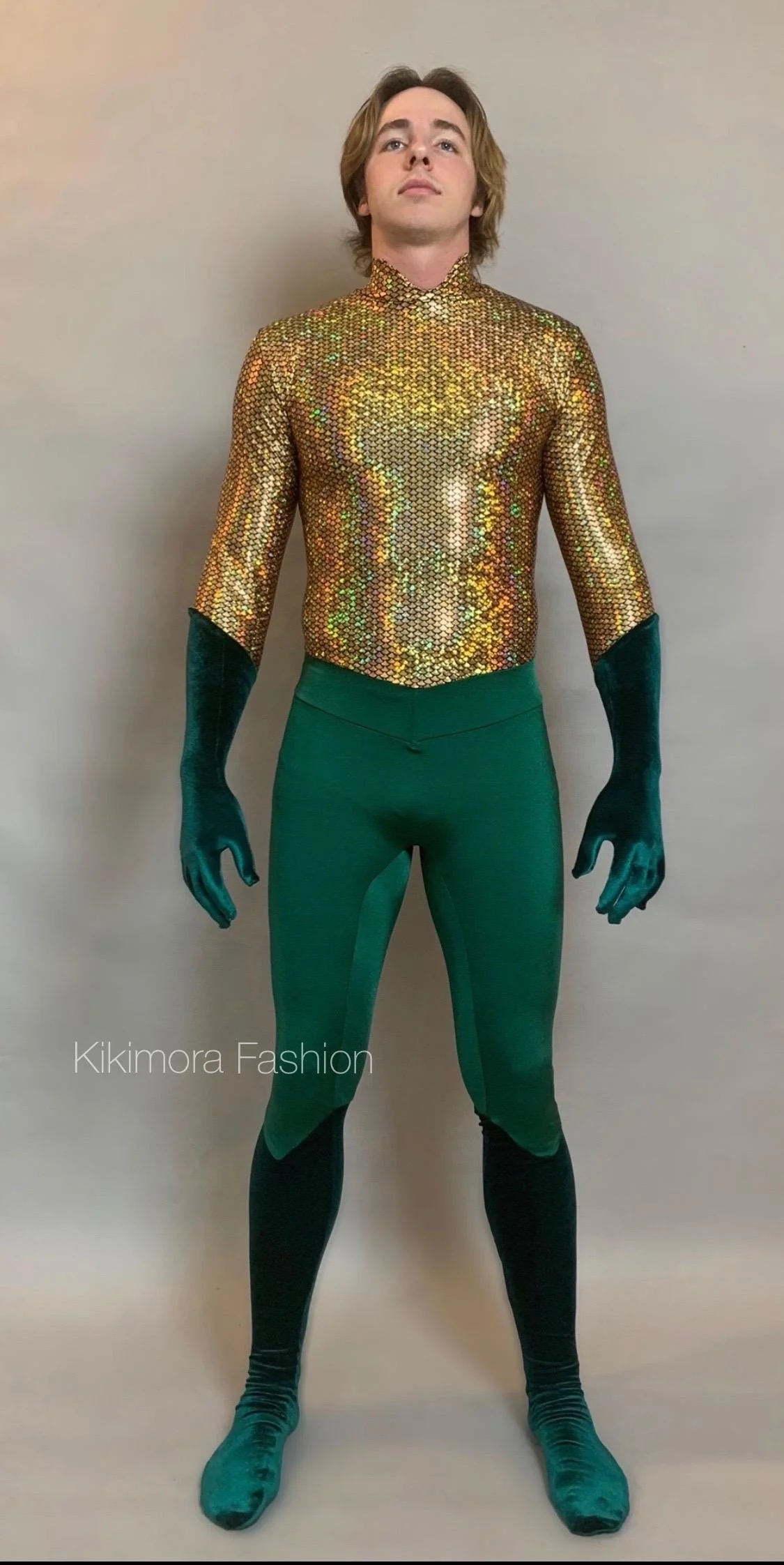 Men's King of Atlantis Costume, Gold Holographic Scale Print Jumpsuit with Green Stretch Velvet, Full Body Catsuit, Mock Neck Performance Wear for Festivals & Comic Performance - Image 9