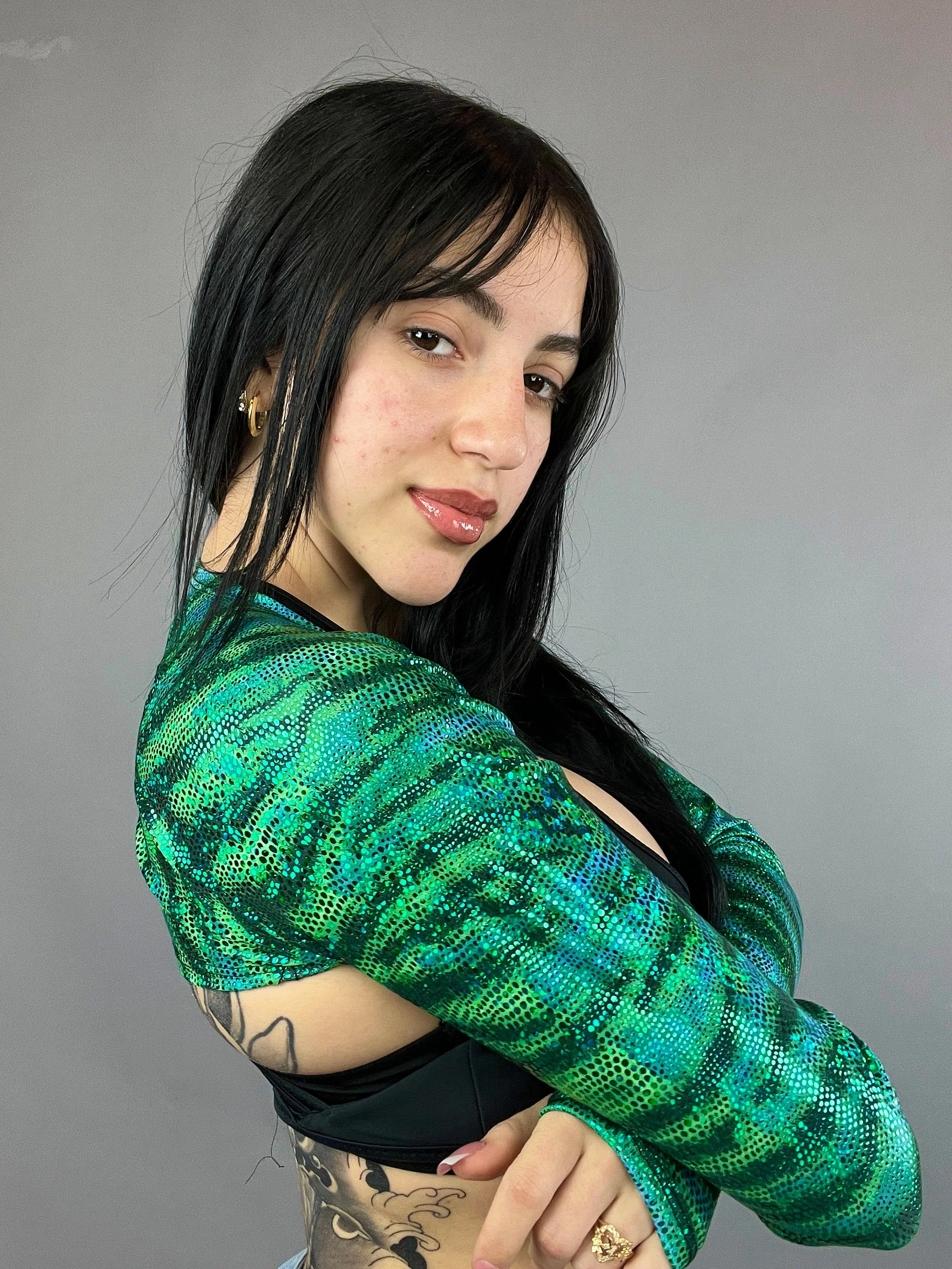 Green Hologram Shrug, Upcycled Spandex Bolero, Futuristic Arm Sleeves, Festival Fashion Top, Rave Outfit, Custom Crop Top, Snake Print - Image 6