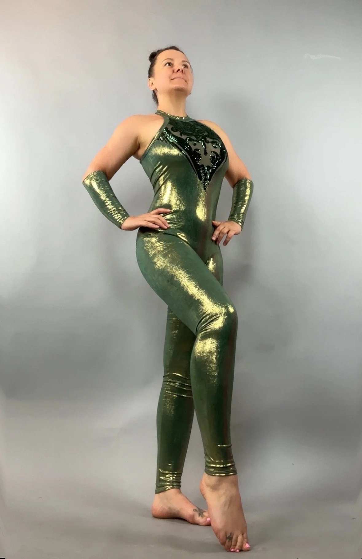 Green Gold Metallic Jumpsuit for Performers, Halter Neck Catsuit with Black Sequin Embellished Chest, Stretch Spandex Bodysuit with Mesh Open Back - Image 2