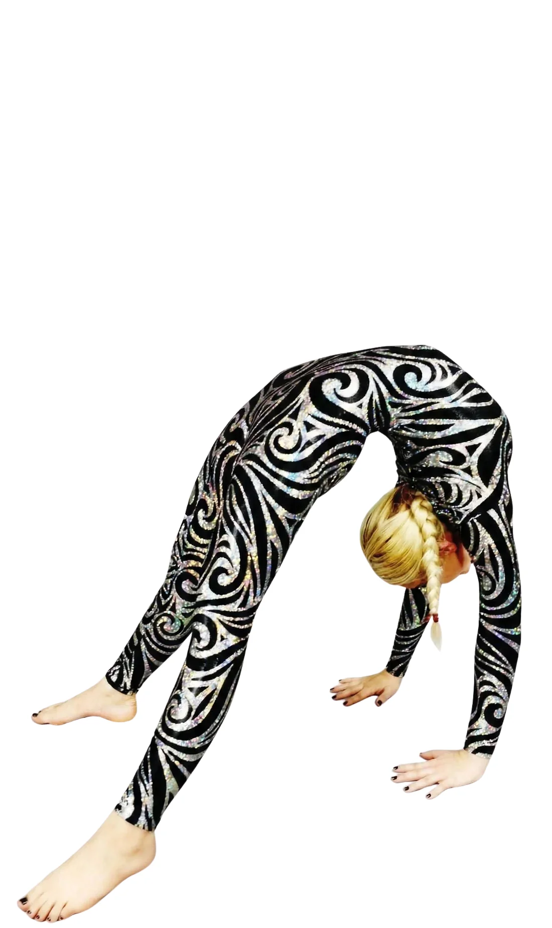 Colorful Jester Print UV Glow Catsuit Costume, Full Body Performance Spandex Jumpsuit with Headpiece and Socks - Image 12
