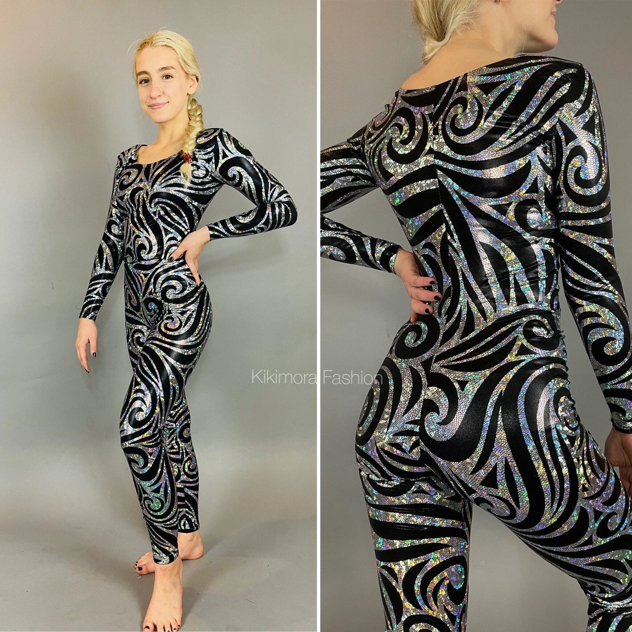 Colorful Jester Print UV Glow Catsuit Costume, Full Body Performance Spandex Jumpsuit with Headpiece and Socks - Image 3