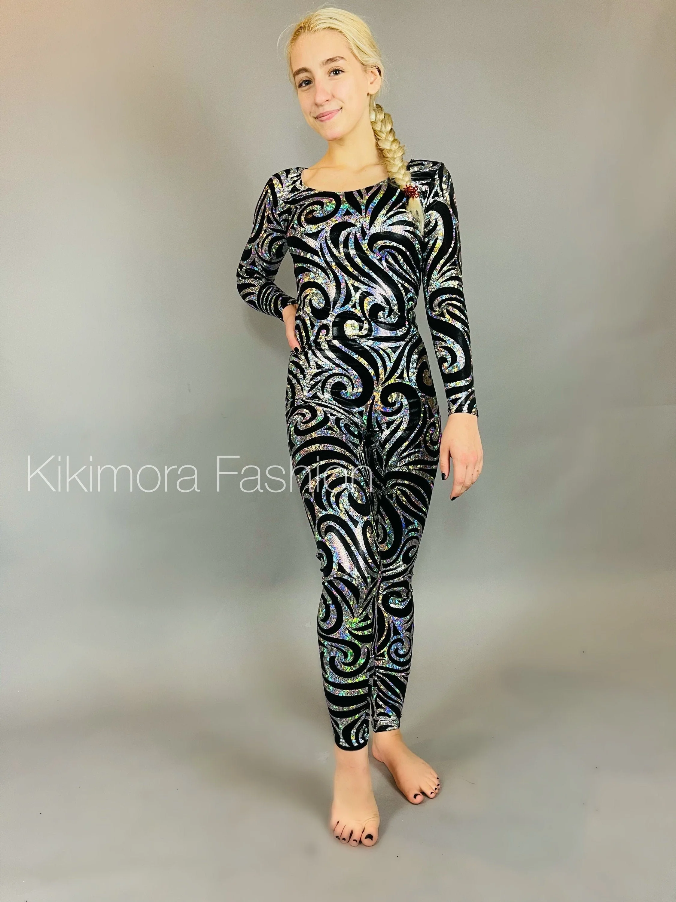 Colorful Jester Print UV Glow Catsuit Costume, Full Body Performance Spandex Jumpsuit with Headpiece and Socks - Image 6