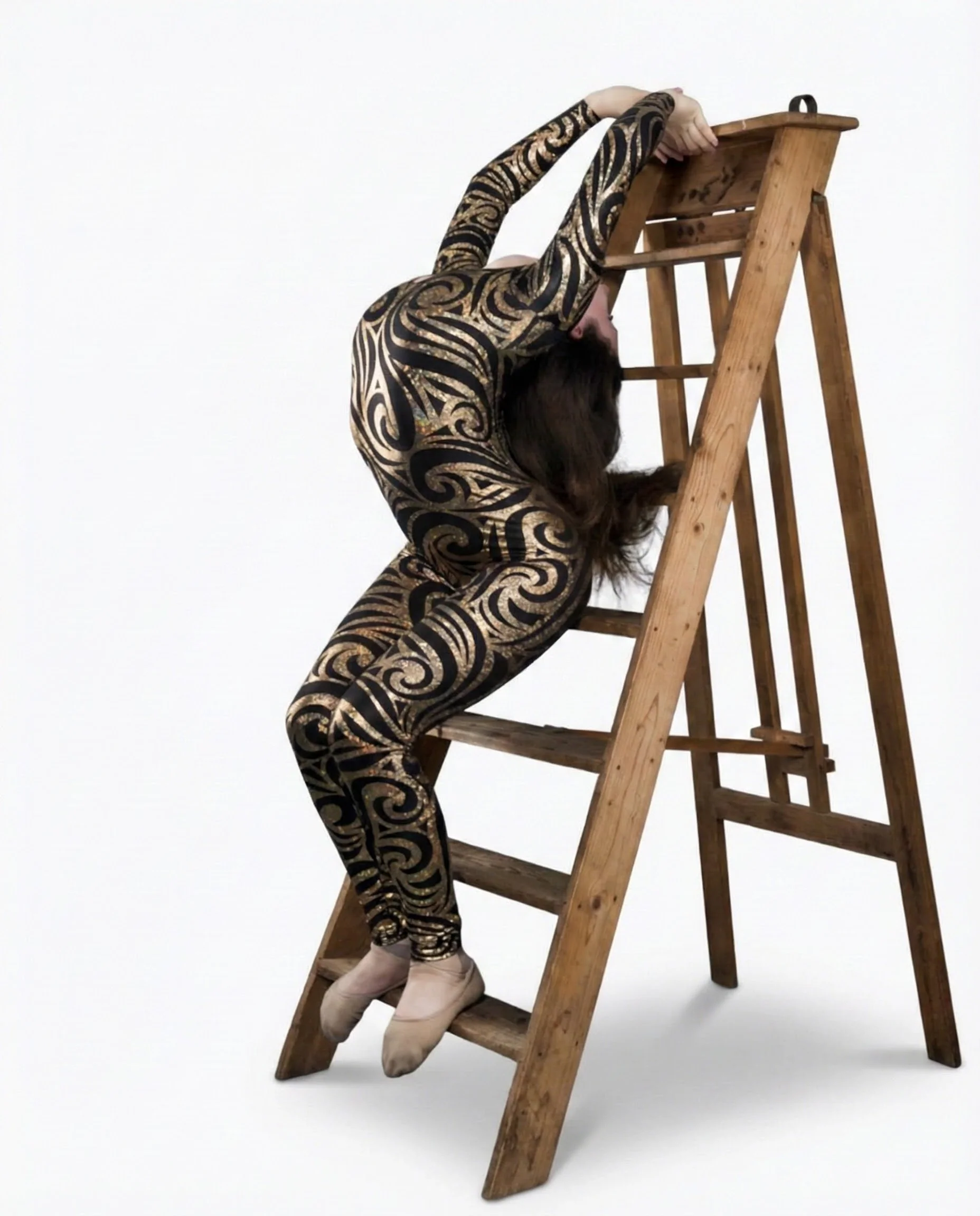 Holographic Silver Black Swirl Print Catsuit, Scoop Neck Long Sleeve Spandex Performance Jumpsuit Apparel